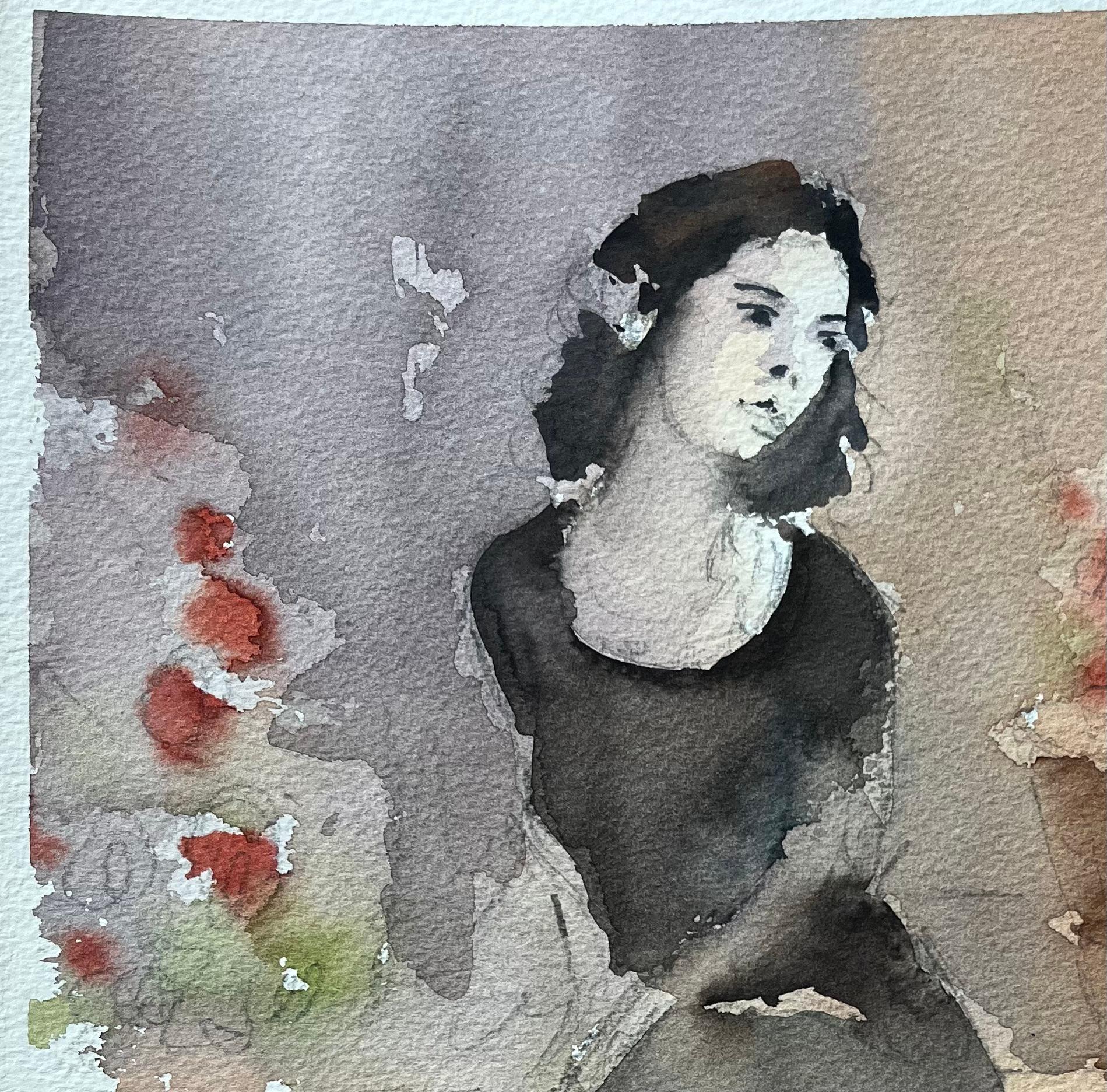 Titel: Aquarell eines britischen Impressionisten mit dem Porträt einer Frau in einem schwarzen Kleid
Von Anthony Avery (Brite 1946-2023)
Original-Aquarell auf Künstlerpapier, ungerahmt
Abmessungen: 15 x 11,25 Zoll (Höhe x Breite)
Zustand: Gut, mit