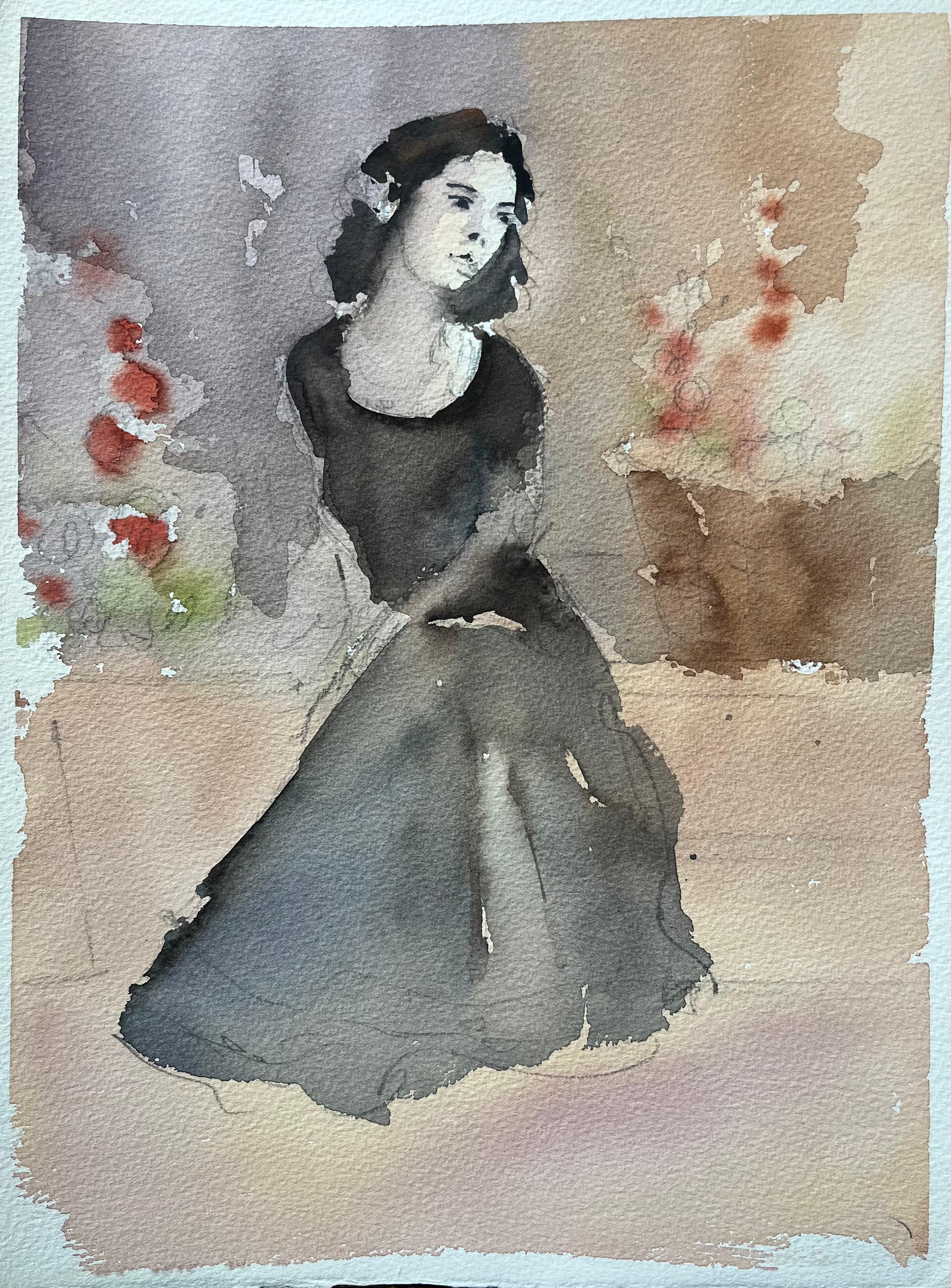 Britisches impressionistisches Aquarell einer Frau in einem schwarzen Kleid, Aquarell eines Porträts