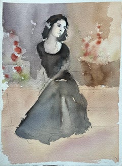 Britisches impressionistisches Aquarell einer Frau in einem schwarzen Kleid, Aquarell eines Porträts