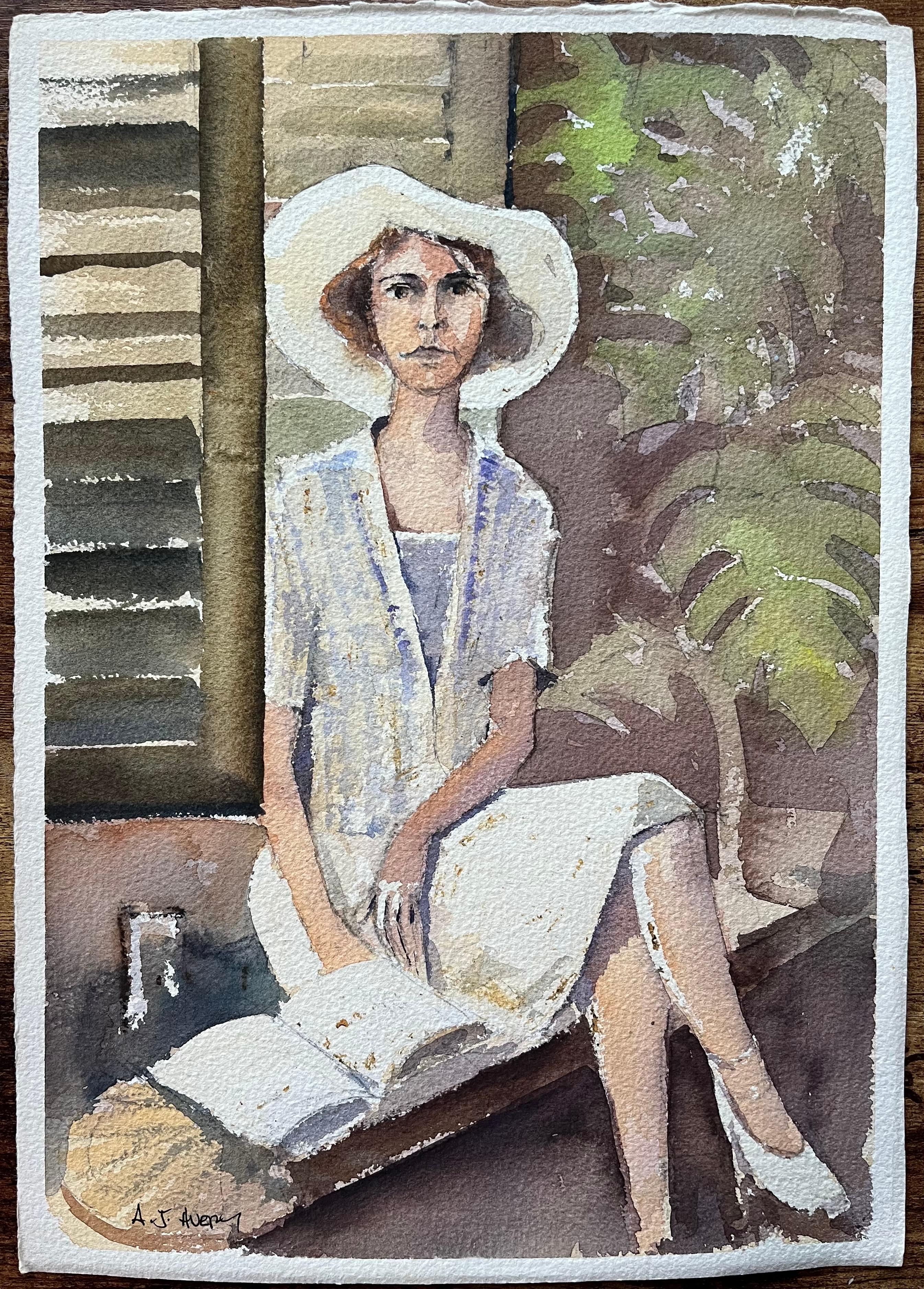Britisches impressionistisches Aquarell einer Frau in einem Sonnenhut, Aquarell eines Porträts – Painting von Anthony Avery