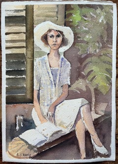 British Impressionist Watercolor of a Portrait of a Woman in a Sun Hat