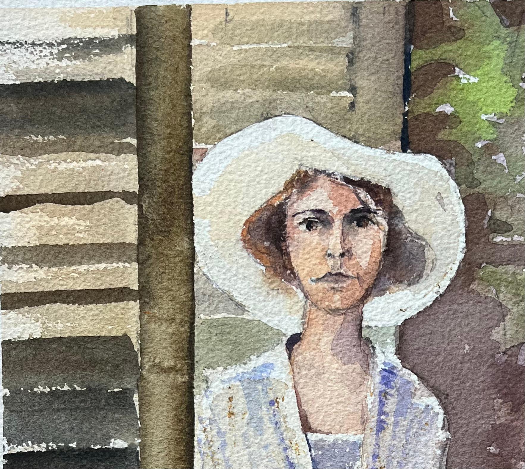 Britisches impressionistisches Aquarell einer Frau in einem Sonnenhut, Aquarell eines Porträts (Impressionismus), Painting, von Anthony Avery