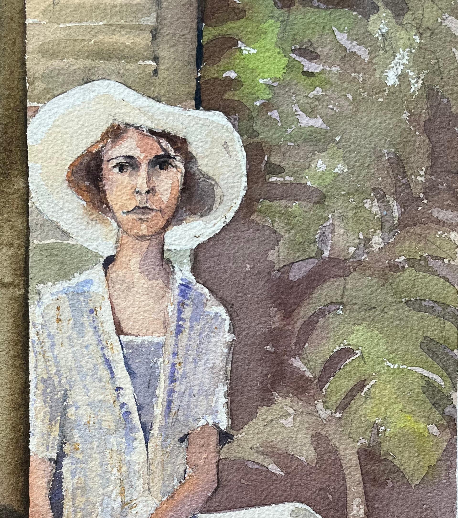 Britisches impressionistisches Aquarell einer Frau in einem Sonnenhut, Aquarell eines Porträts (Grau), Landscape Painting, von Anthony Avery