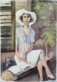 British Impressionist Watercolor of a Portrait of a Woman in a Sun Hat