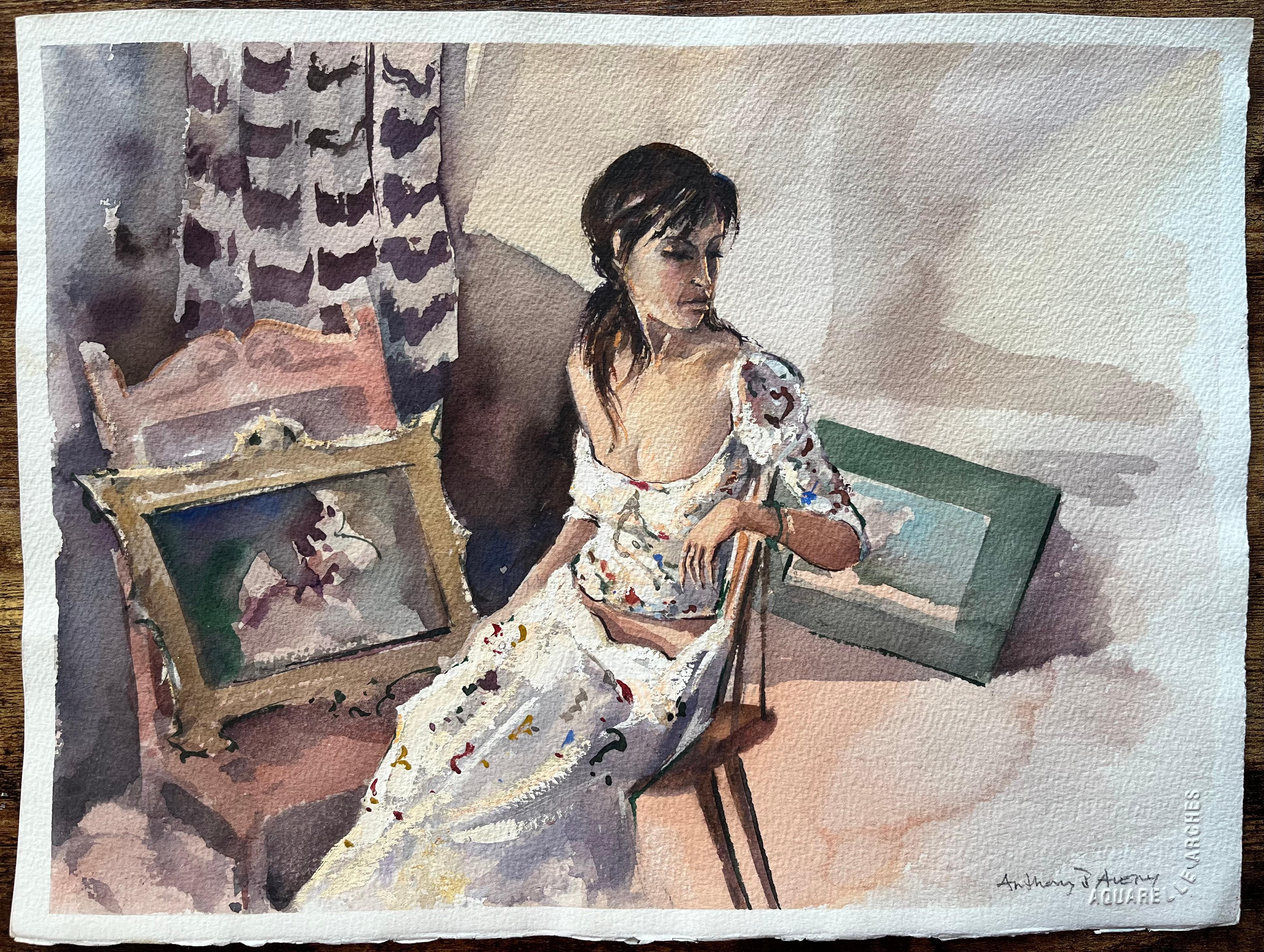 Britischer Impressionist Aquarell eines Porträts einer Frau in nachdenklicher Pose – Painting von Anthony Avery
