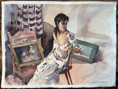British Impressionist Watercolor of a Portrait of a Woman in Thoughtful Repose