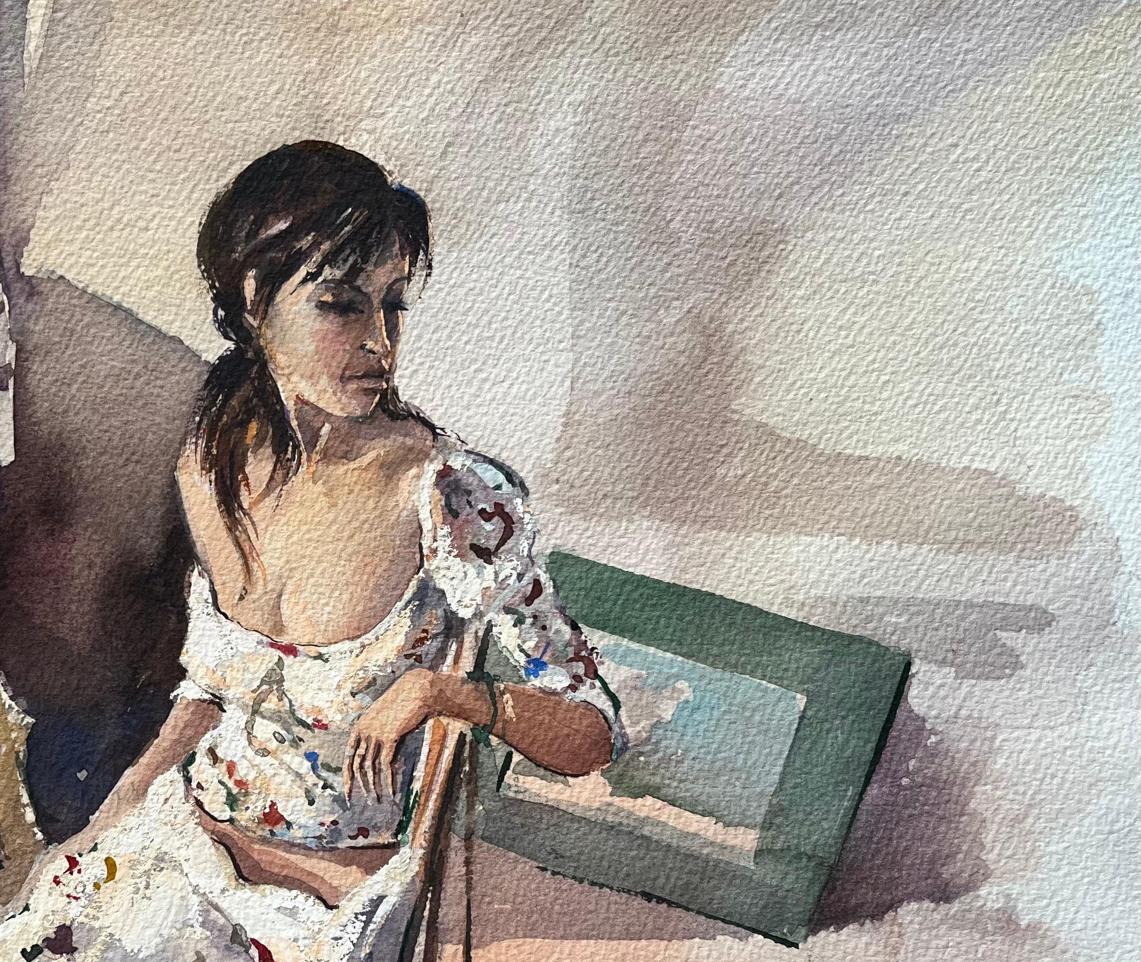 Britischer Impressionist Aquarell eines Porträts einer Frau in nachdenklicher Pose (Impressionismus), Painting, von Anthony Avery