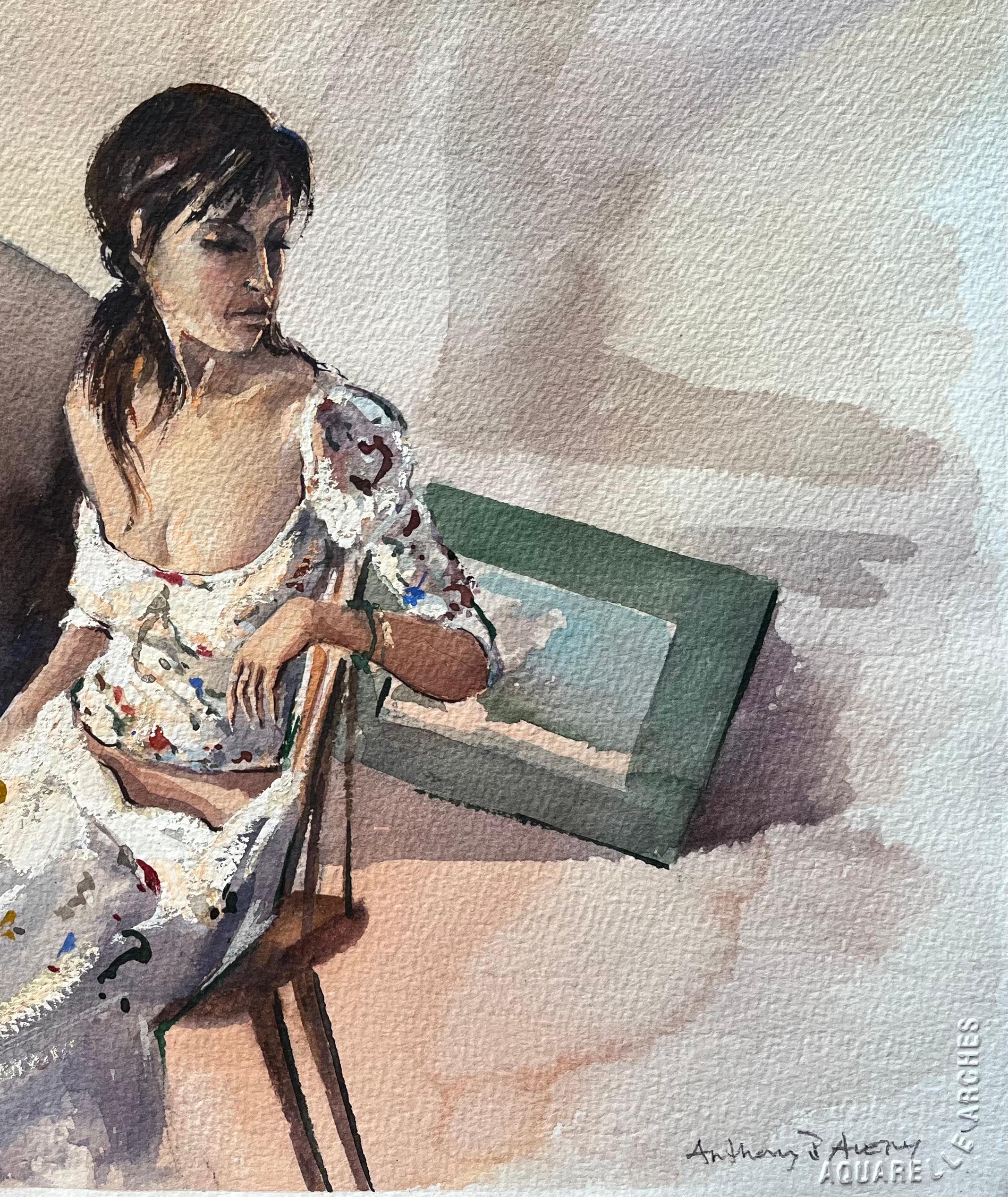Britischer Impressionist Aquarell eines Porträts einer Frau in nachdenklicher Pose (Grau), Landscape Painting, von Anthony Avery