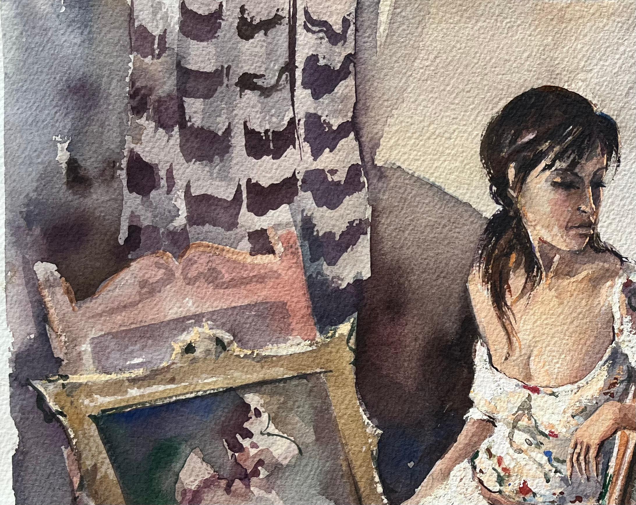 Titel: Aquarell eines britischen Impressionisten mit dem Porträt einer Frau in nachdenklicher Haltung
Von Anthony Avery (Brite 1946-2023)
Original-Aquarell auf Künstlerpapier, ungerahmt
Unterschrieben: Ja
Abmessungen: 11,25 x 15 Zoll (Höhe x
