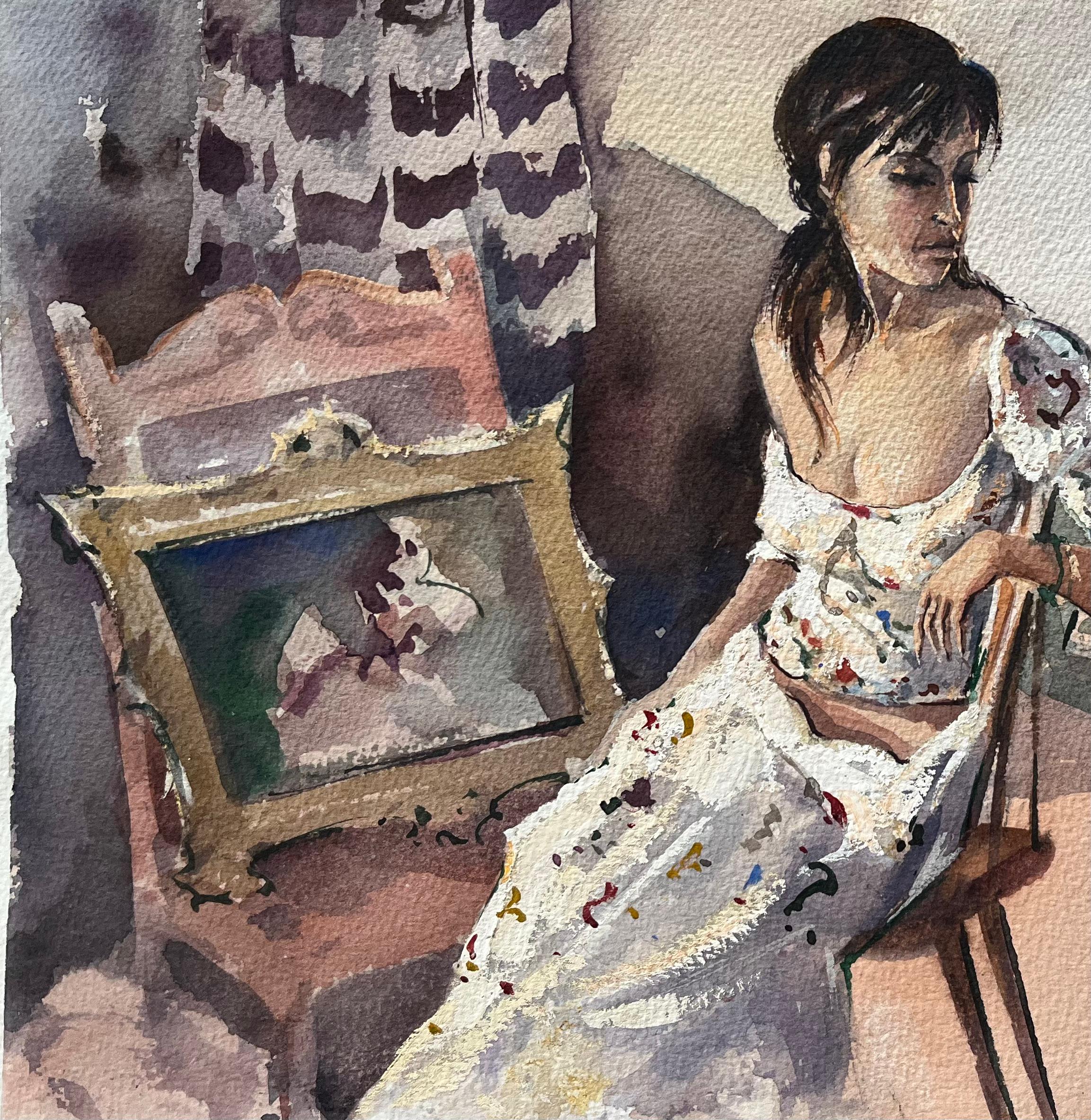 Britischer Impressionist Aquarell eines Porträts einer Frau in nachdenklicher Pose im Angebot 1