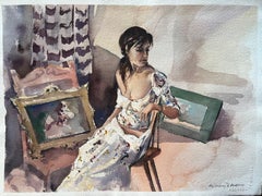 Britischer Impressionist Aquarell eines Porträts einer Frau in nachdenklicher Pose