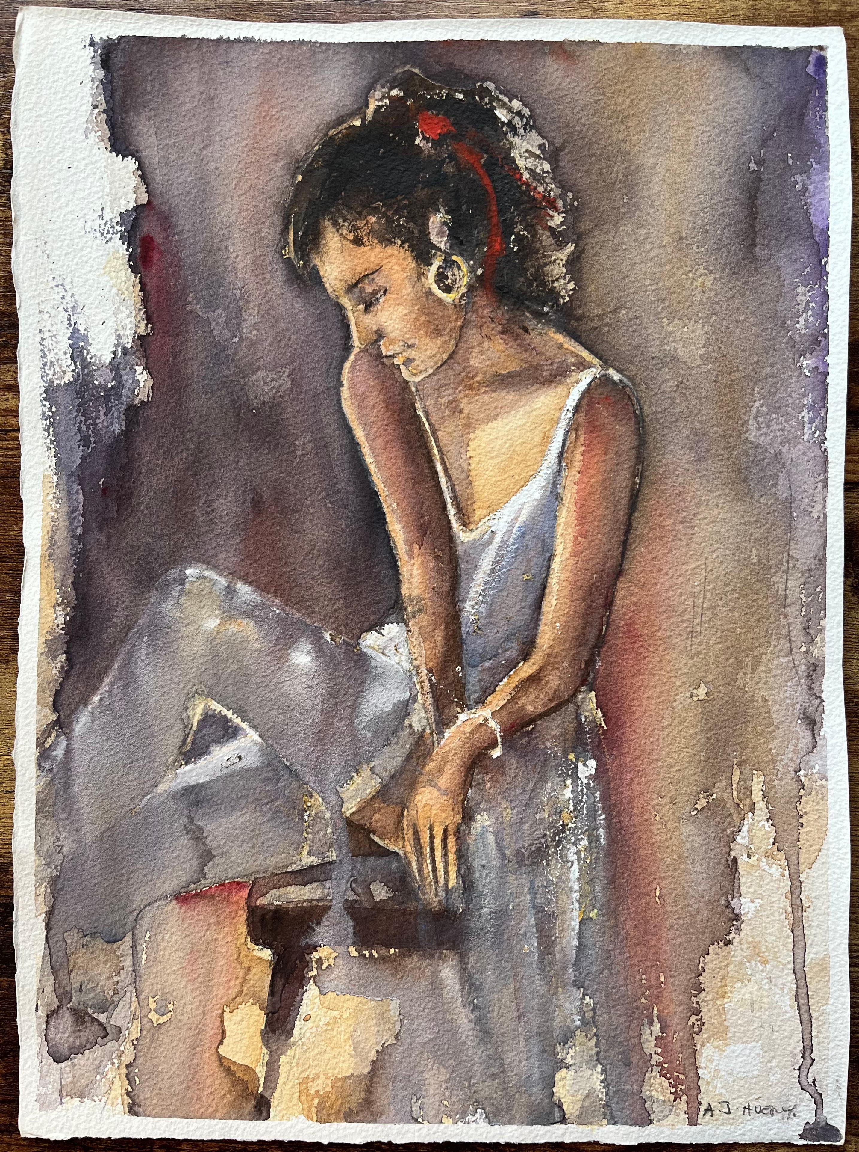 Aquarell eines britischen Impressionisten mit dem Profil einer sitzenden Frau – Painting von Anthony Avery
