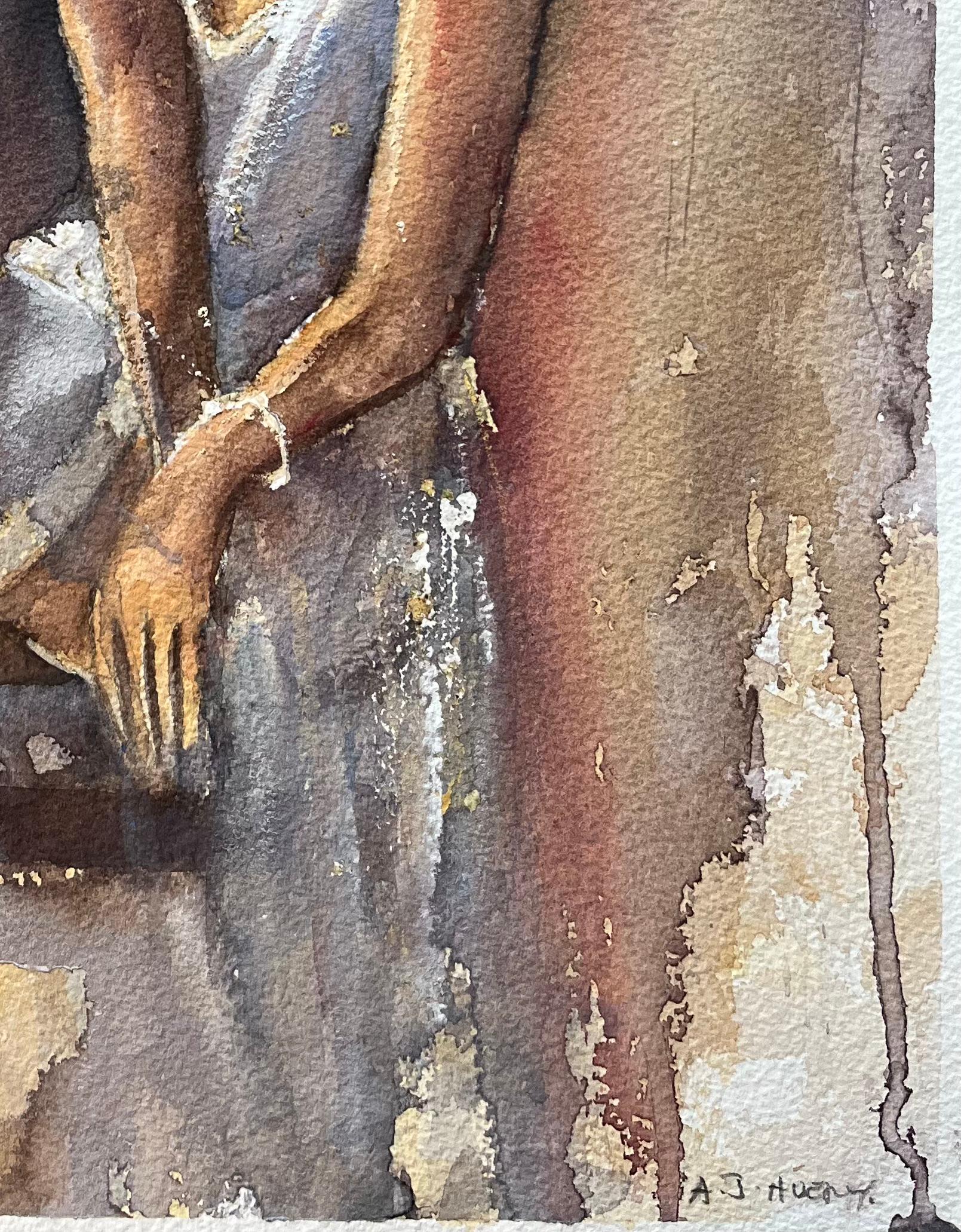 Aquarell eines britischen Impressionisten mit dem Profil einer sitzenden Frau (Braun), Landscape Painting, von Anthony Avery