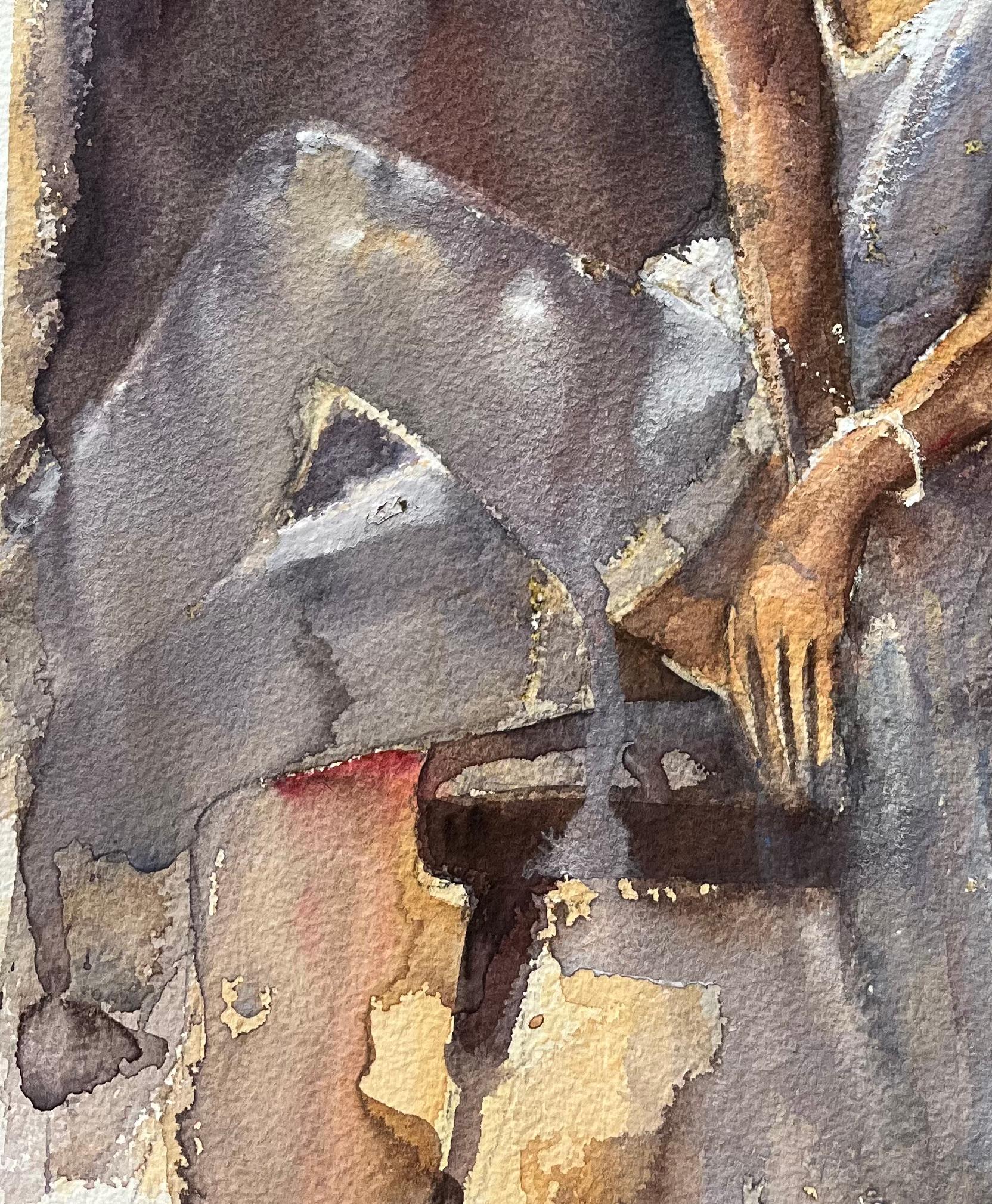 Titel: Aquarell eines britischen Impressionisten mit dem Profil einer sitzenden Frau
Von Anthony Avery (Brite 1946-2023)
Original-Aquarell auf Künstlerpapier, ungerahmt
Unterschrieben: Ja
Abmessungen: 15,25 x 11,25 Zoll (Höhe x Breite)
Zustand: Gut,