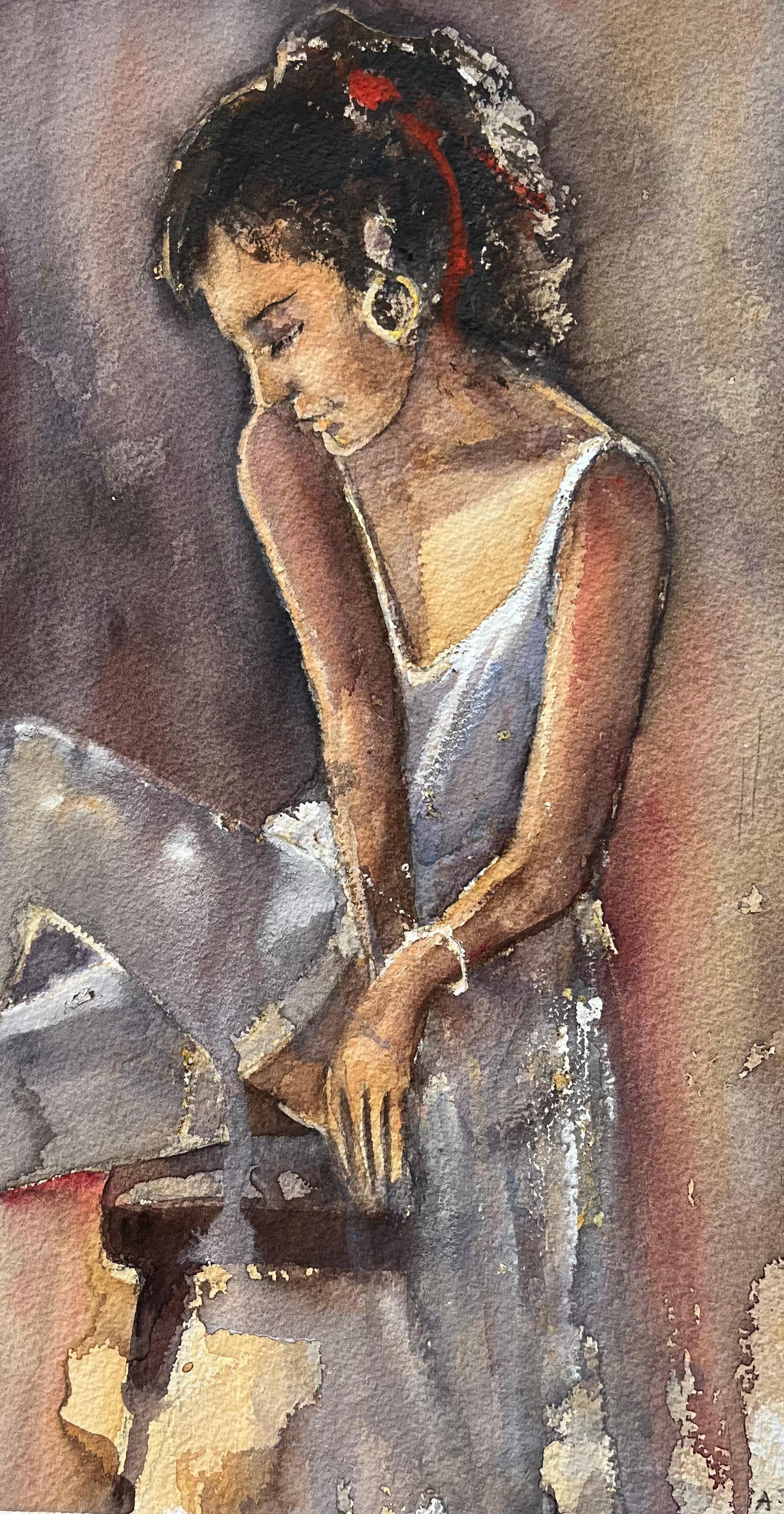Aquarell eines britischen Impressionisten mit dem Profil einer sitzenden Frau im Angebot 1