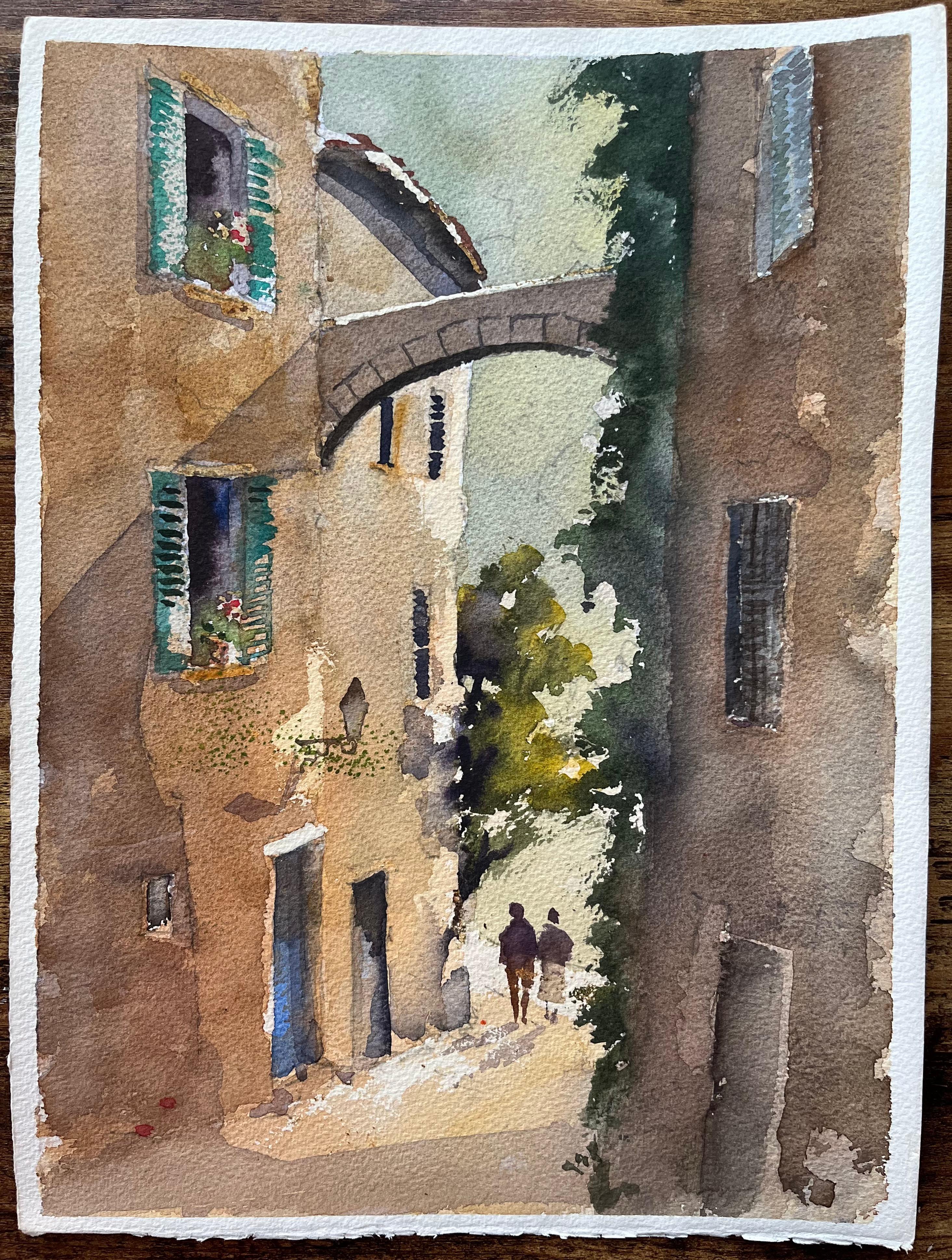 Britischer Impressionist Aquarell eines malerischen Torbogens und einer Gasse – Painting von Anthony Avery