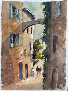 Aquarelle impressionniste britannique d'une arche et d'une allée pittoresques