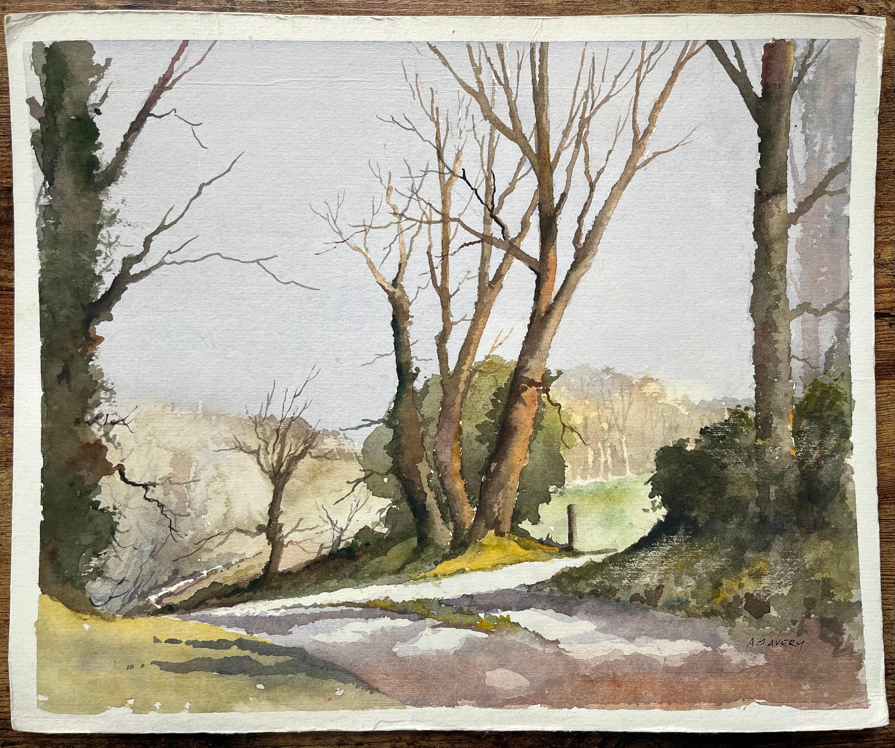 British Impressionist Watercolor of a Quiet Country Path with Bare Trees - Painting by Anthony Avery