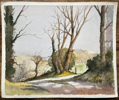 British Impressionist Watercolor of a Quiet Country Path with Bare Trees