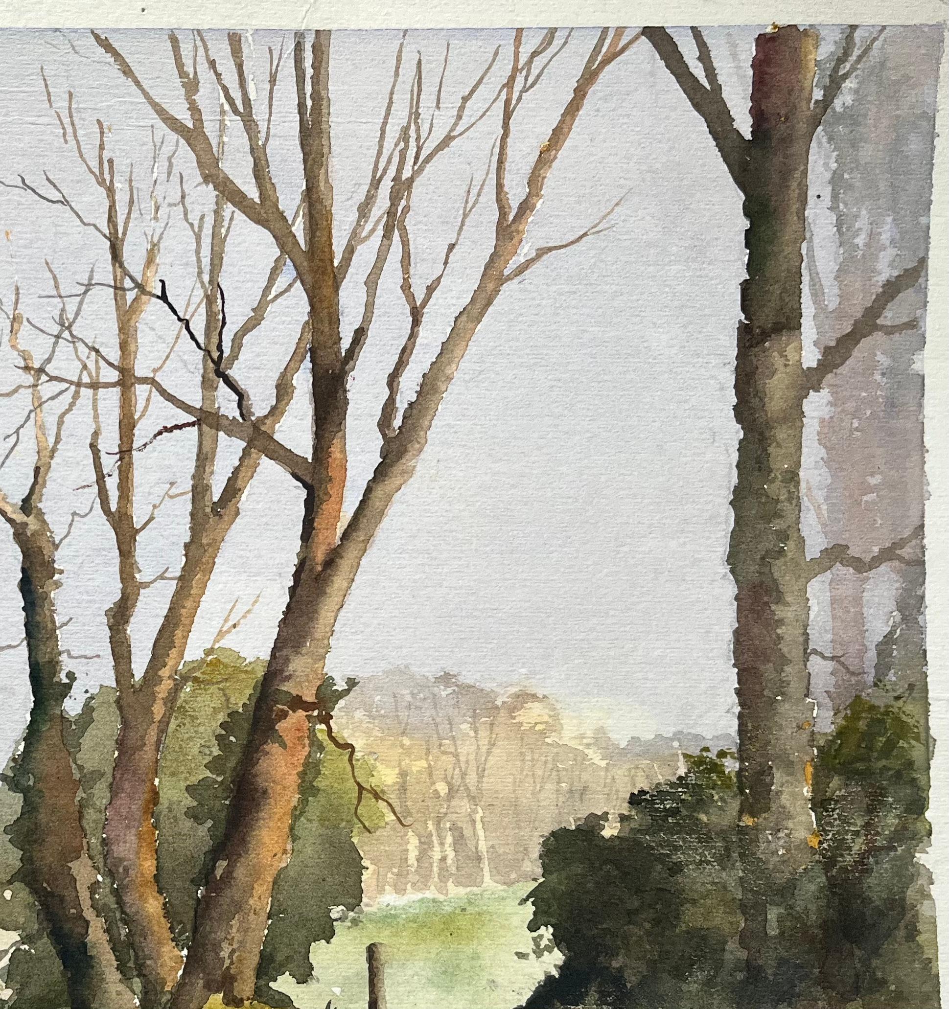 Title: British Impressionist Watercolor of a Quiet Country Path with Bare Trees
By Anthony Avery (British 1946-2023)
Original watercolor on artists paper, unframed
Signed: Yes
Dimensions: 12.25 x 15.25 inches (Height x Width)
Condition: Good, with