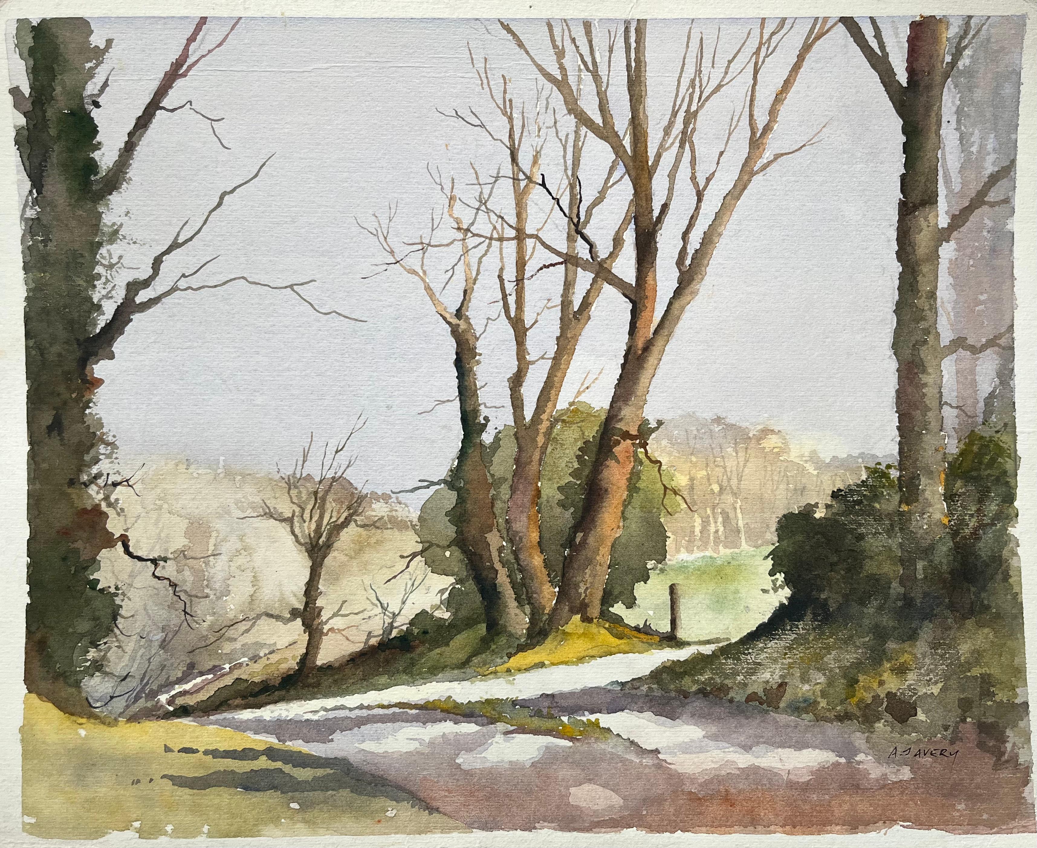 Britischer Impressionist Aquarell eines ruhigen Landwegs mit kahlen Bäumen