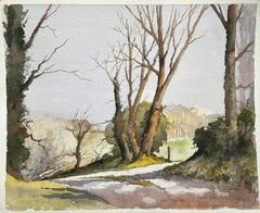 Britischer Impressionist Aquarell eines ruhigen Landwegs mit kahlen Bäumen