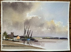 British Impressionist Watercolor of a Quiet Harbor with Sailboats and Moody Sky