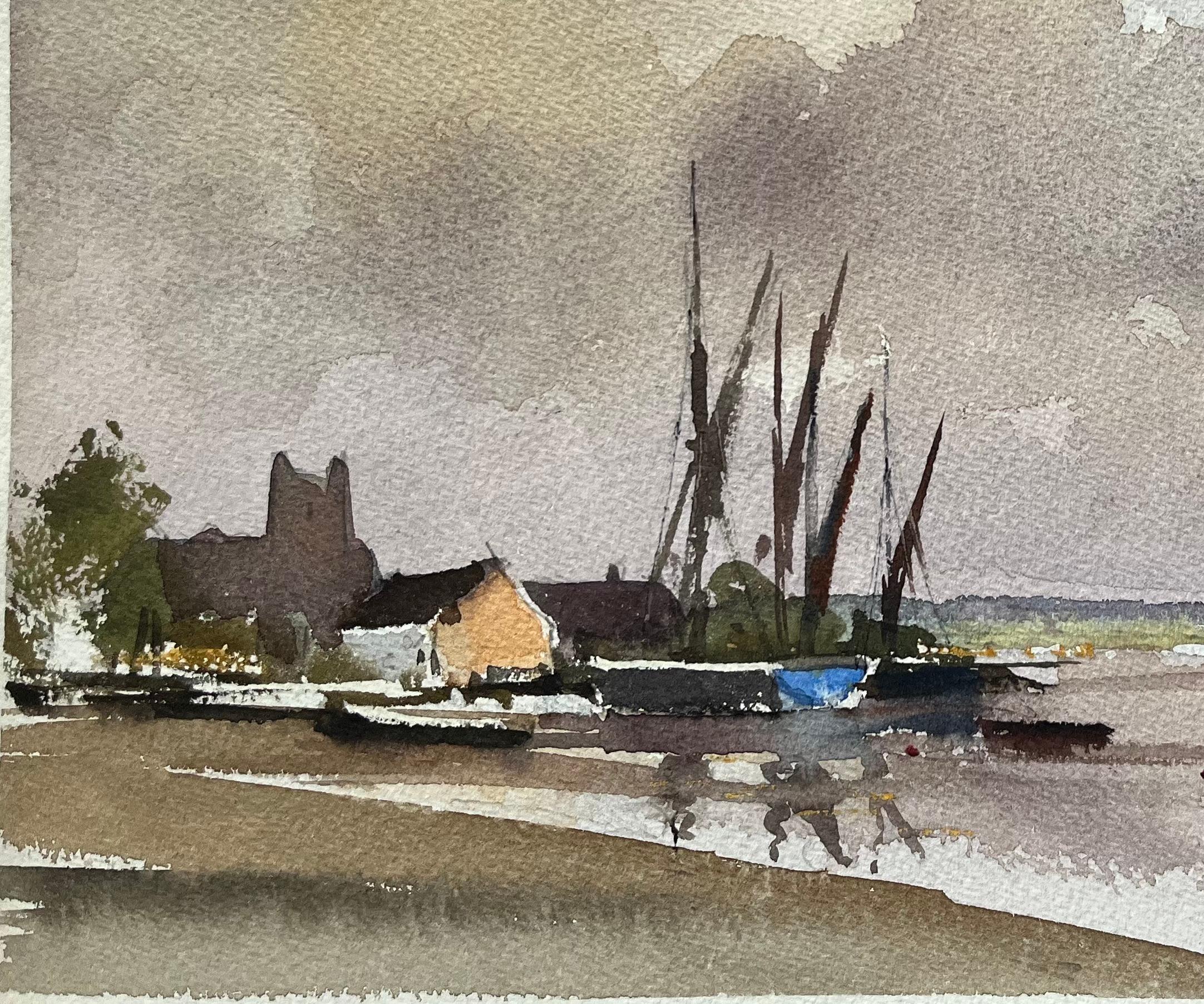 Britisches impressionistisches Aquarell eines gesteppten Hafens mit Segelbooten und Moody Sky, British Impressionismus (Grau), Landscape Painting, von Anthony Avery