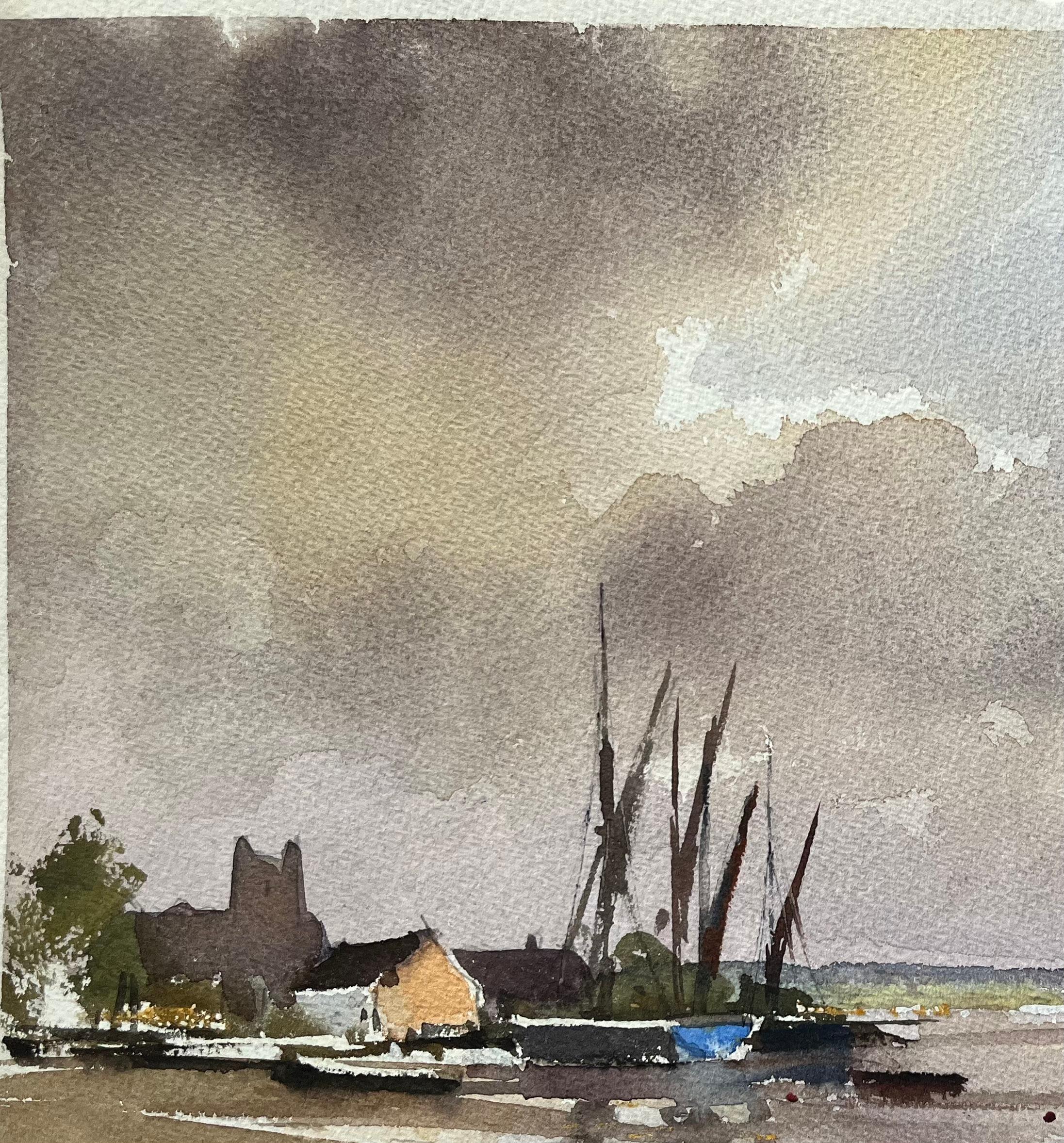 Britisches impressionistisches Aquarell eines gesteppten Hafens mit Segelbooten und Moody Sky, British Impressionismus im Angebot 2