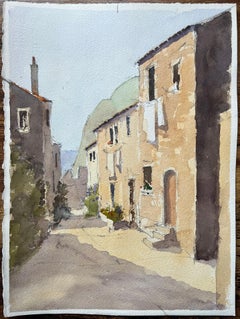 British Impressionist Watercolor of a Quiet Sunlit Mediterranean Village Street