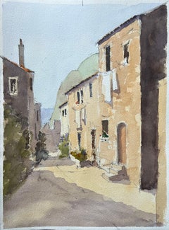 British Impressionist Watercolor of a Quiet Sunlit Mediterranean Village Street