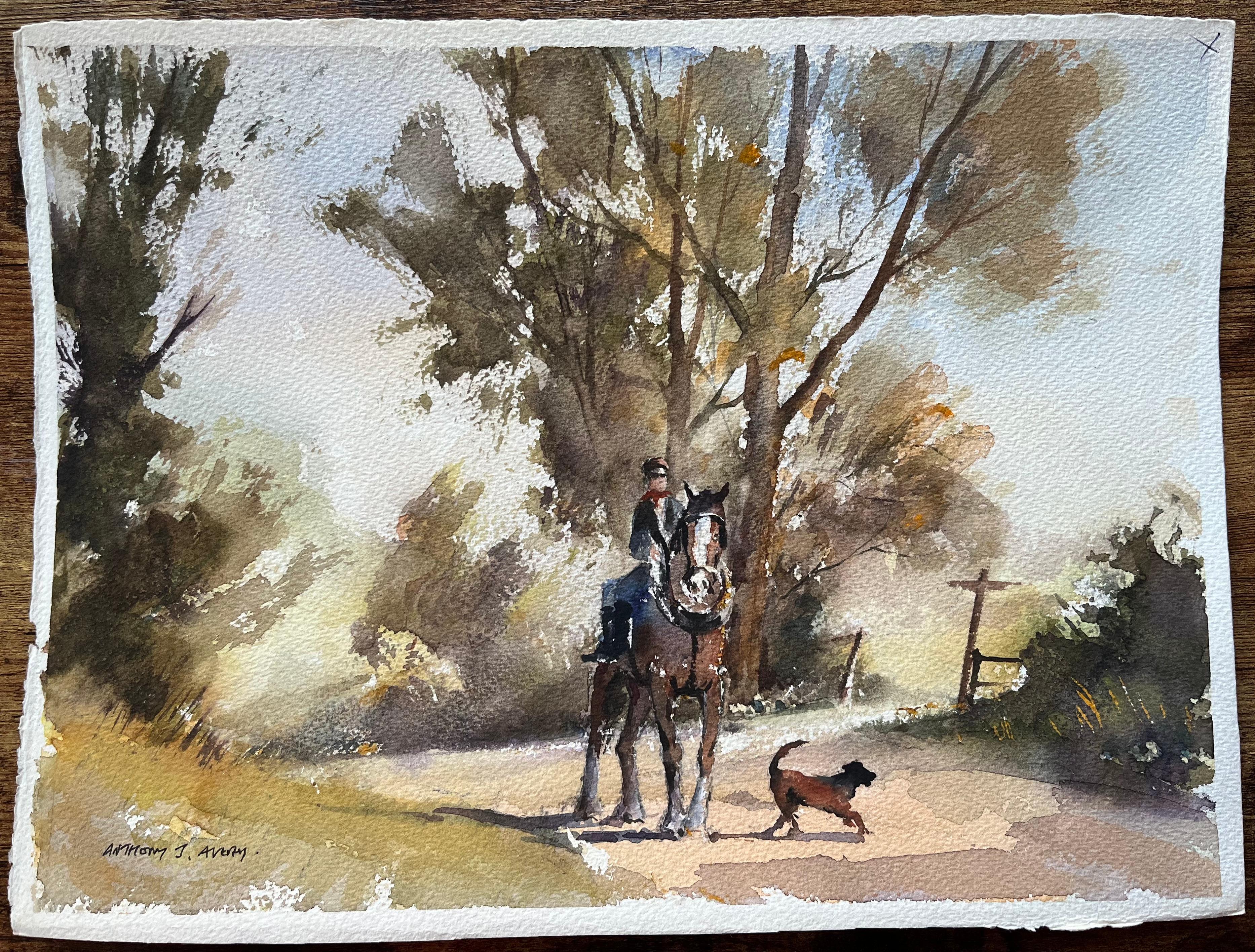 Britisches impressionistisches Aquarell eines Reiters, eines Pferdes und eines Hundes in der Landschaft – Painting von Anthony Avery
