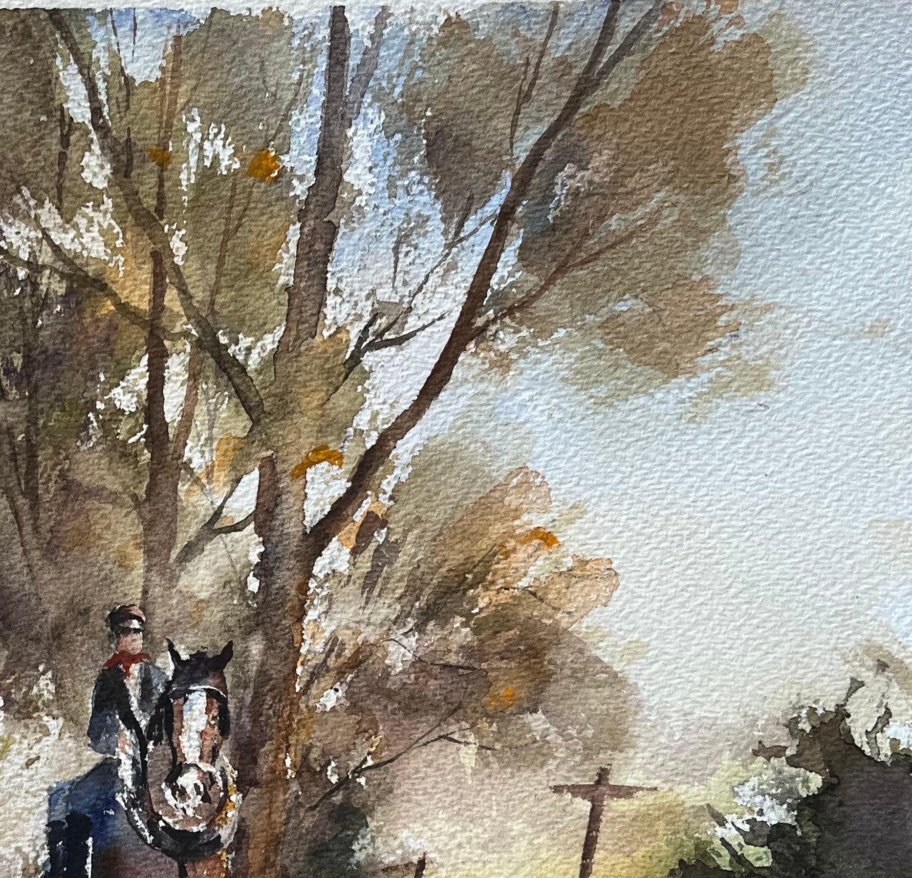 Britisches impressionistisches Aquarell eines Reiters, eines Pferdes und eines Hundes in der Landschaft (Braun), Landscape Painting, von Anthony Avery