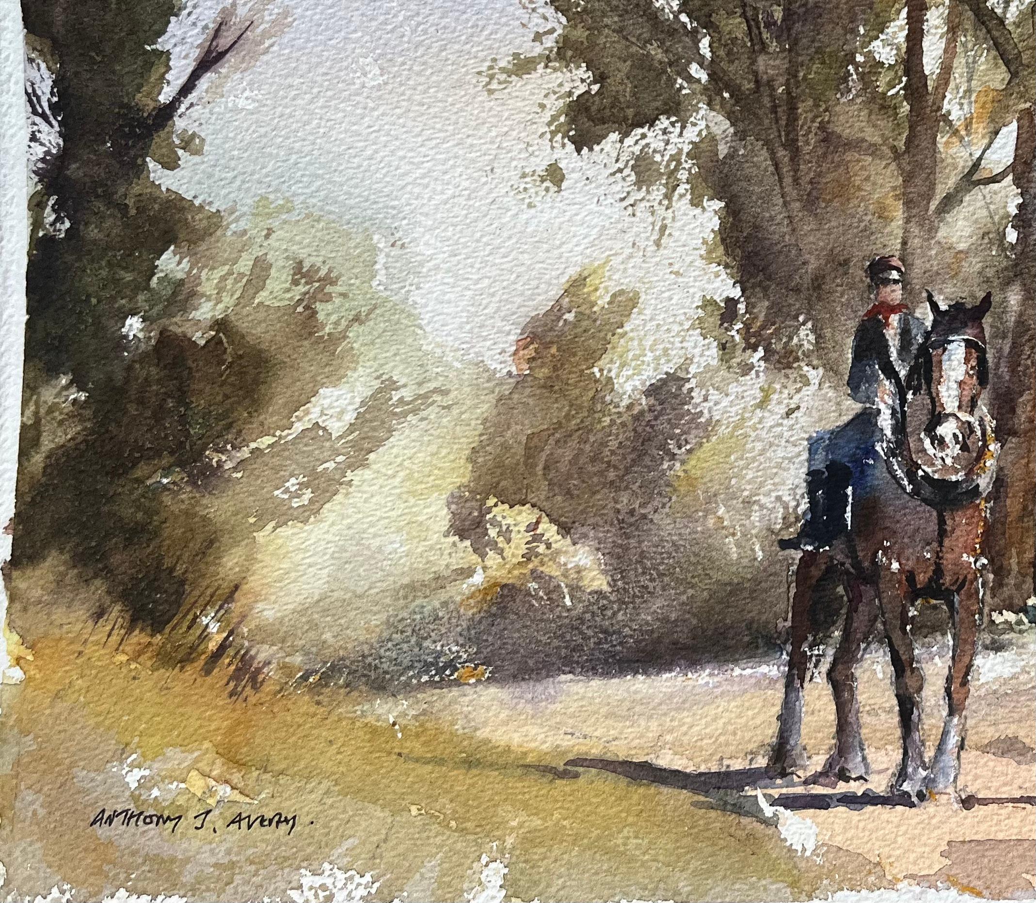 Titel: Aquarell eines britischen Impressionisten mit Reiter, Pferd und Hund in der Landschaft
Von Anthony Avery (Brite 1946-2023)
Original-Aquarell auf Künstlerpapier, ungerahmt
Unterschrieben: Ja
Abmessungen: 11,25 x 15 Zoll (Höhe x