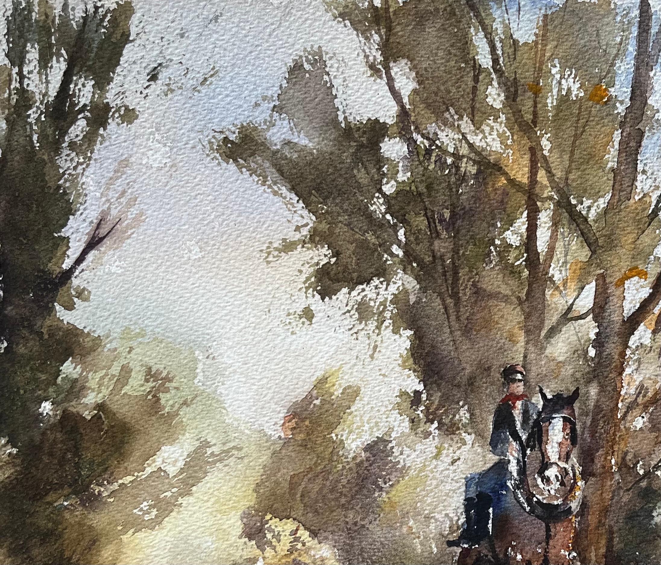 Britisches impressionistisches Aquarell eines Reiters, eines Pferdes und eines Hundes in der Landschaft im Angebot 1