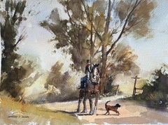 British Impressionist Watercolor of a Rider, Horse and Dog in the Countryside