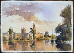 British Impressionist Watercolor of a River Scene with Church at Sunset