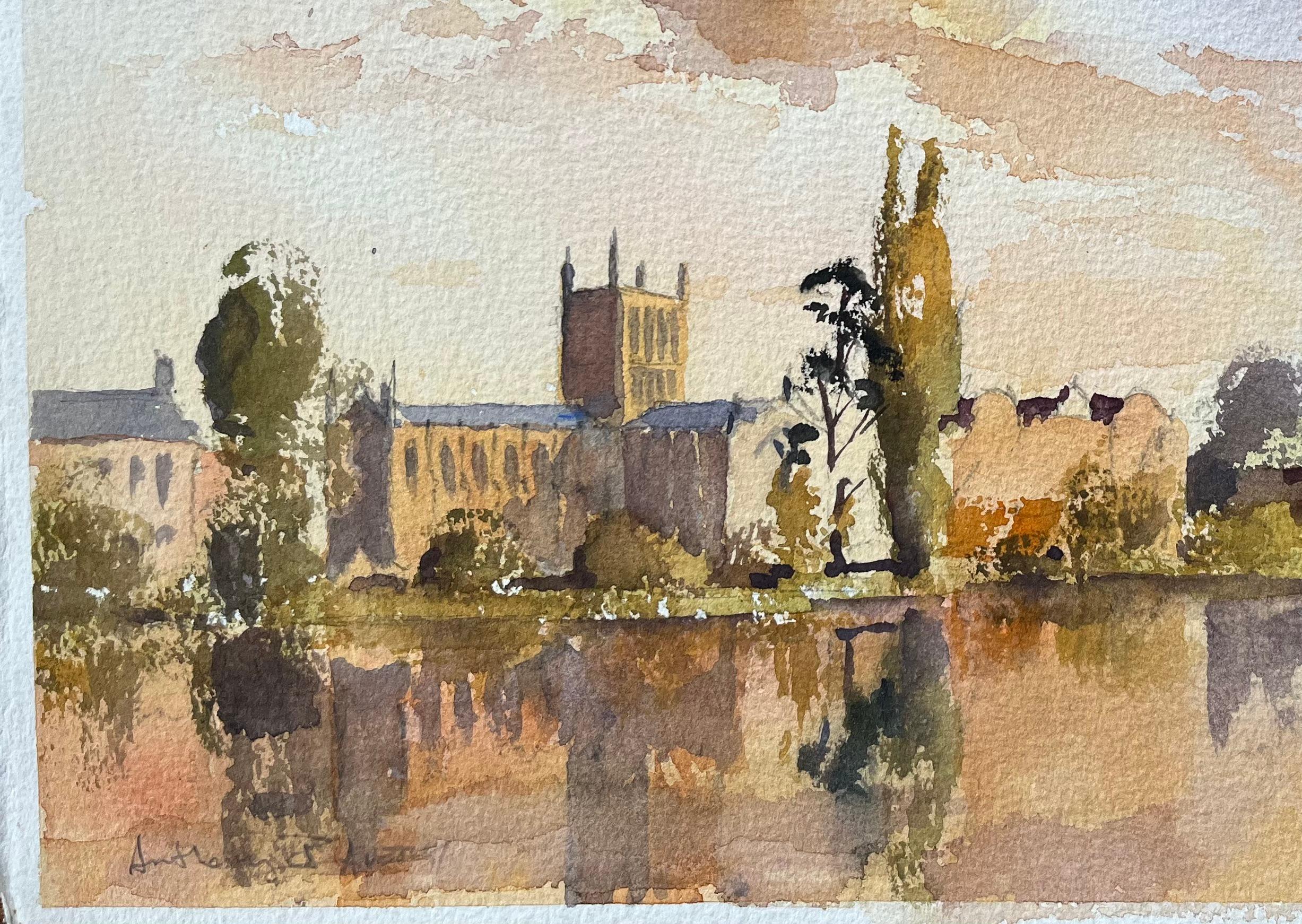 Britischer Impressionist Aquarell einer Flussszene mit Church's bei Sonnenuntergang (Impressionismus), Painting, von Anthony Avery