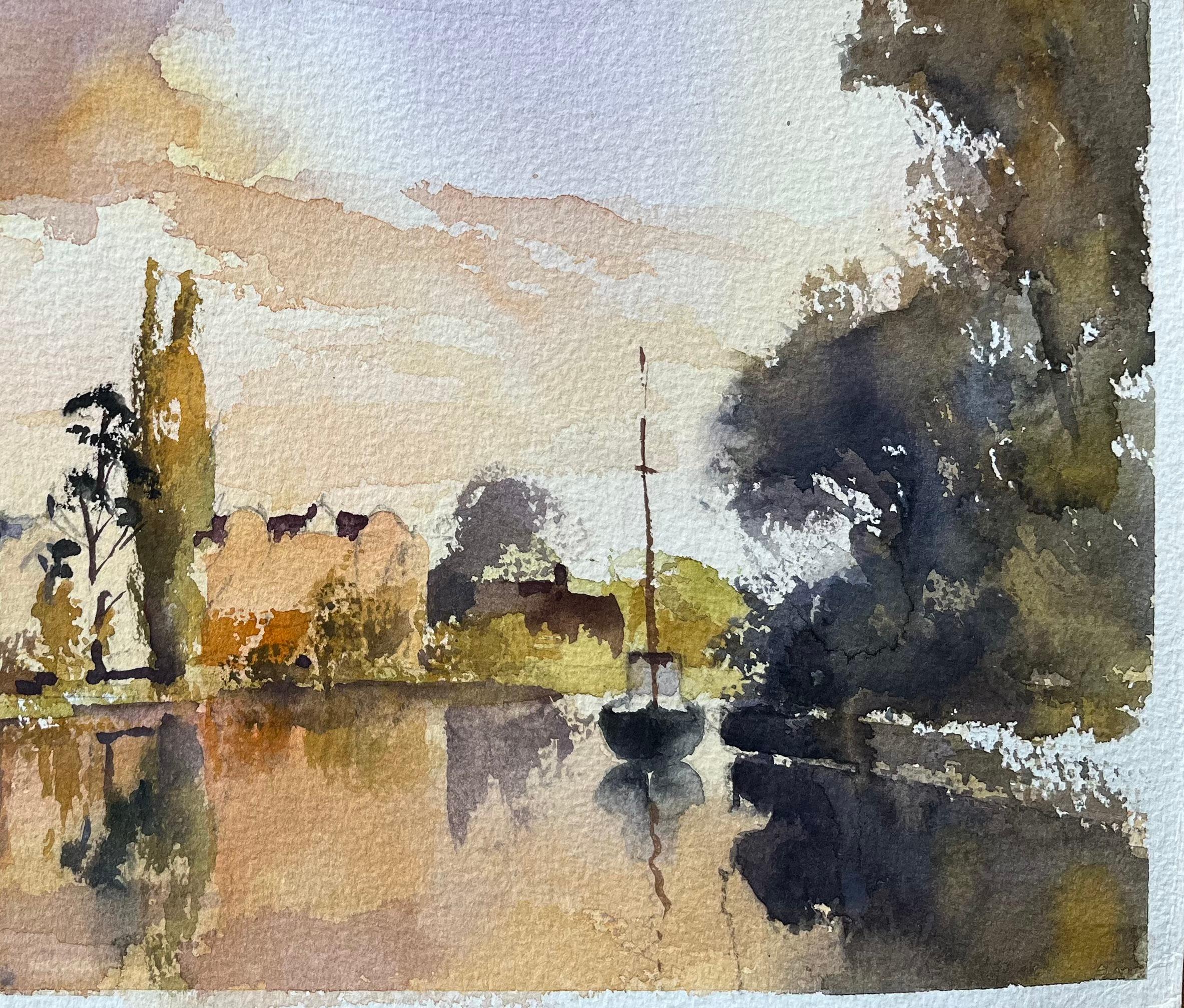 Britischer Impressionist Aquarell einer Flussszene mit Church's bei Sonnenuntergang (Grau), Landscape Painting, von Anthony Avery