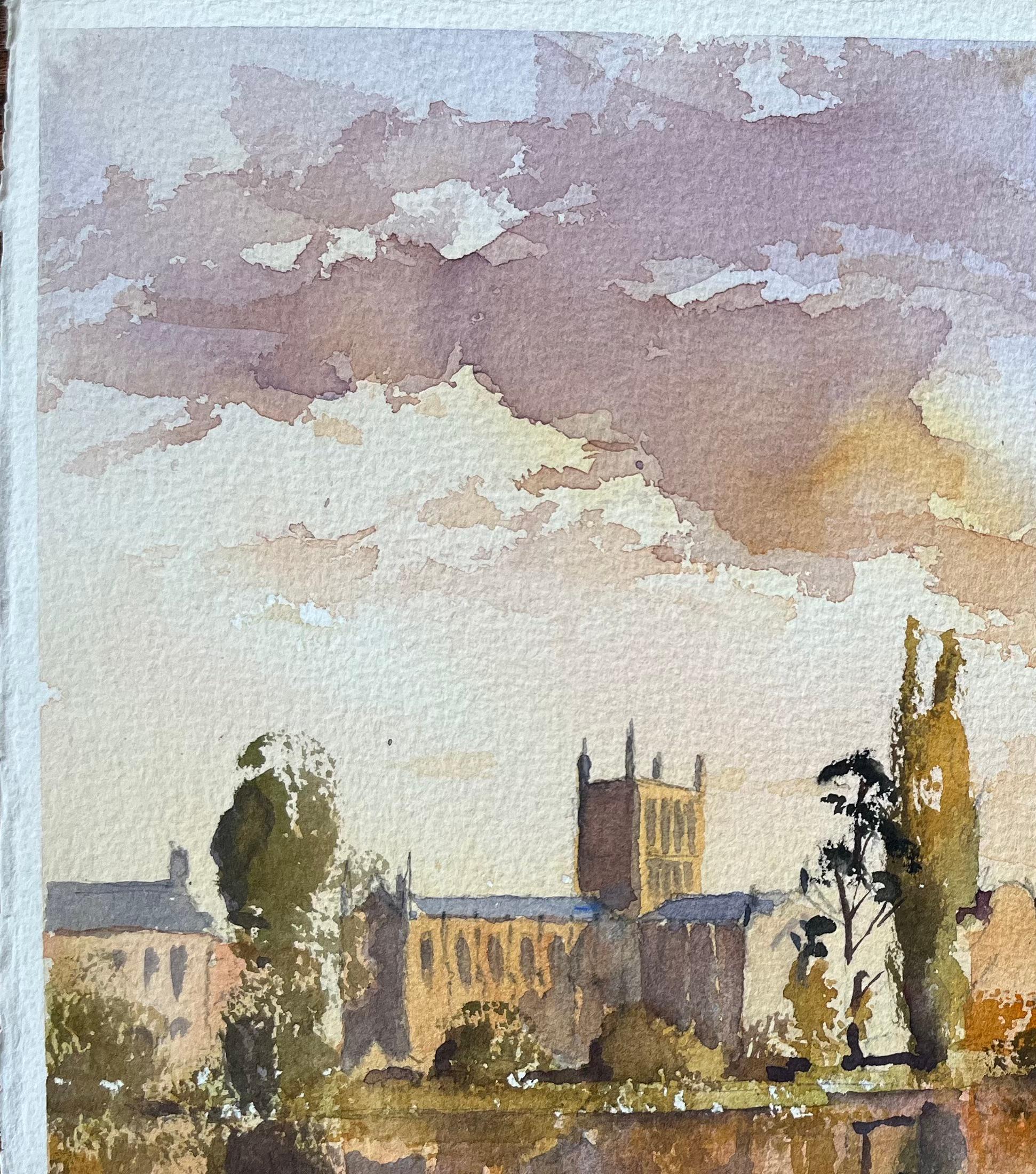 Titel: Britischer Impressionist Aquarell einer Flussszene mit Church's bei Sonnenuntergang
Von Anthony Avery (Brite 1946-2023)
Original-Aquarell auf Künstlerpapier, ungerahmt
Unterschrieben: Ja
Abmessungen: 10,75 x 15,25 Zoll (Höhe x