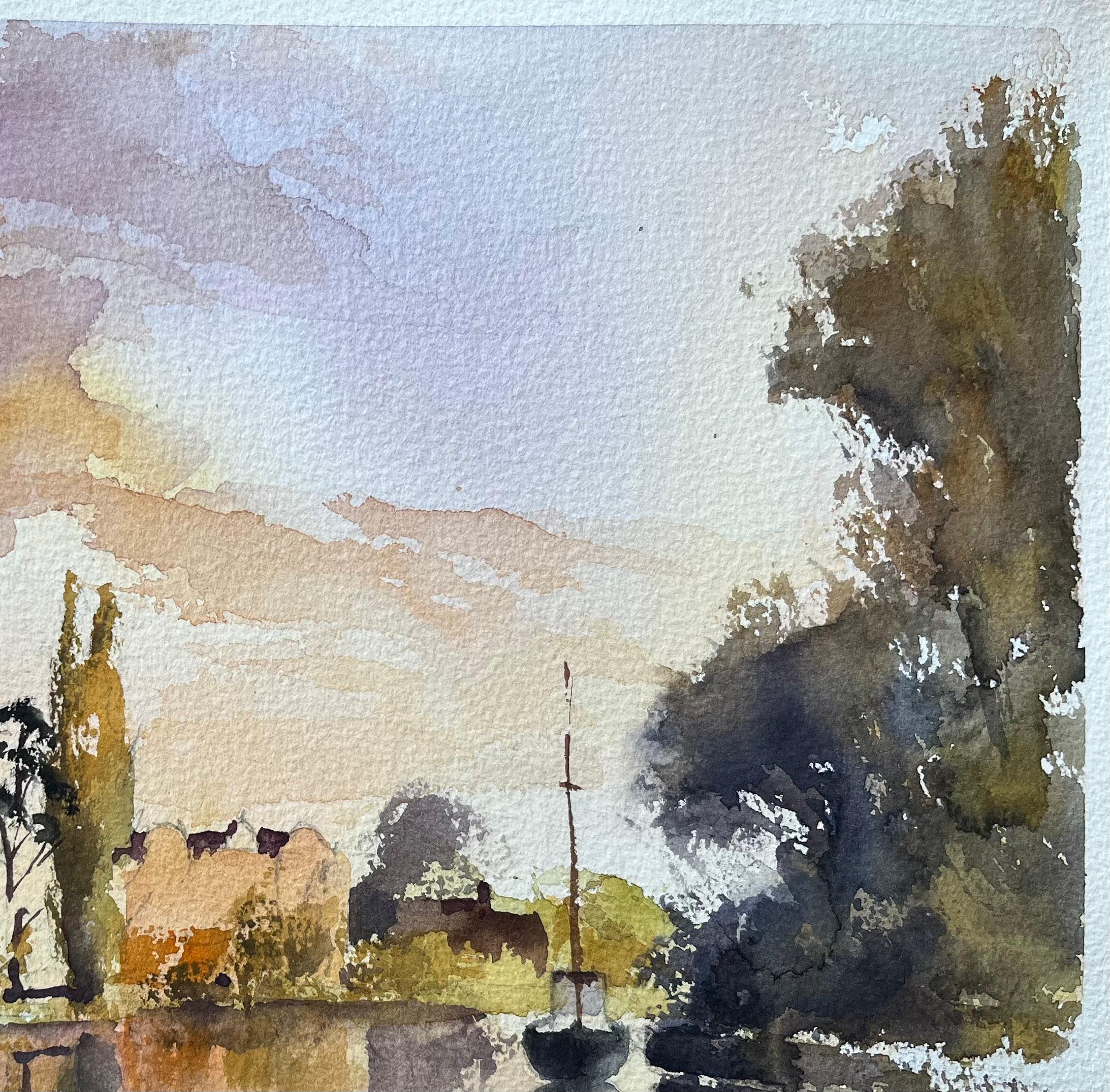 Britischer Impressionist Aquarell einer Flussszene mit Church's bei Sonnenuntergang im Angebot 1