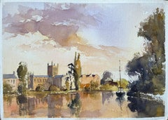 Britischer Impressionist Aquarell einer Flussszene mit Church's bei Sonnenuntergang