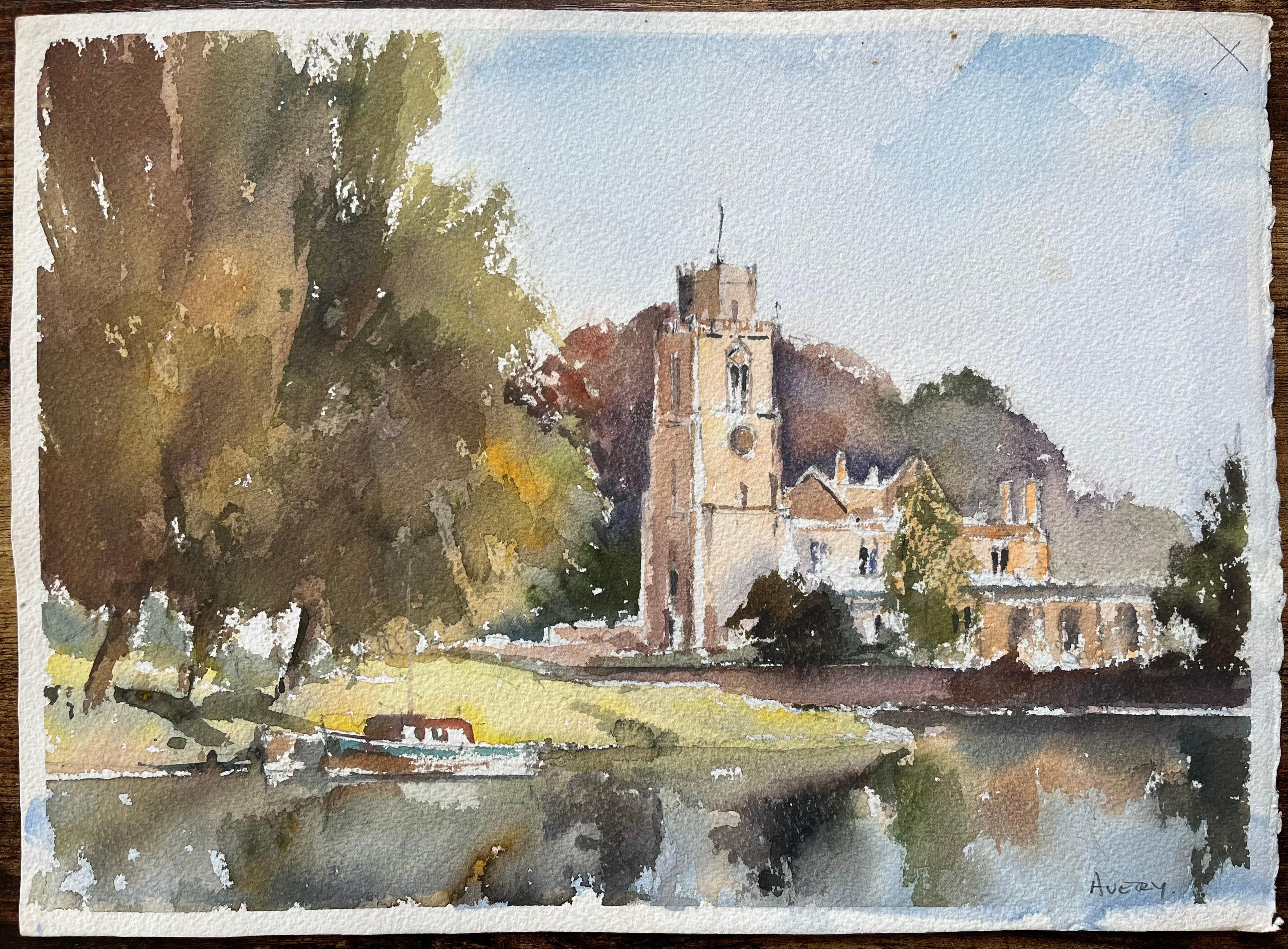 Britischer Impressionist Aquarell einer Flussufer-Kirche Szene – Painting von Anthony Avery