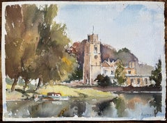 British Impressionist Watercolor of a Riverside Church Scene