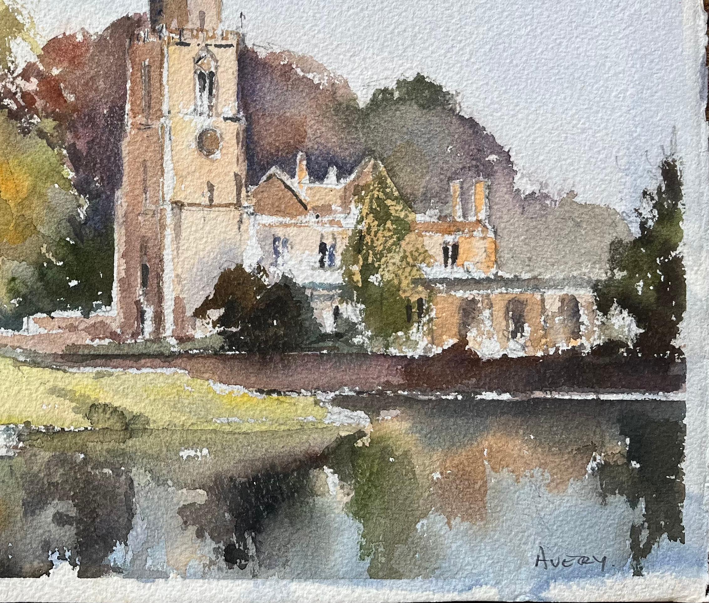 Britischer Impressionist Aquarell einer Flussufer-Kirche Szene (Impressionismus), Painting, von Anthony Avery