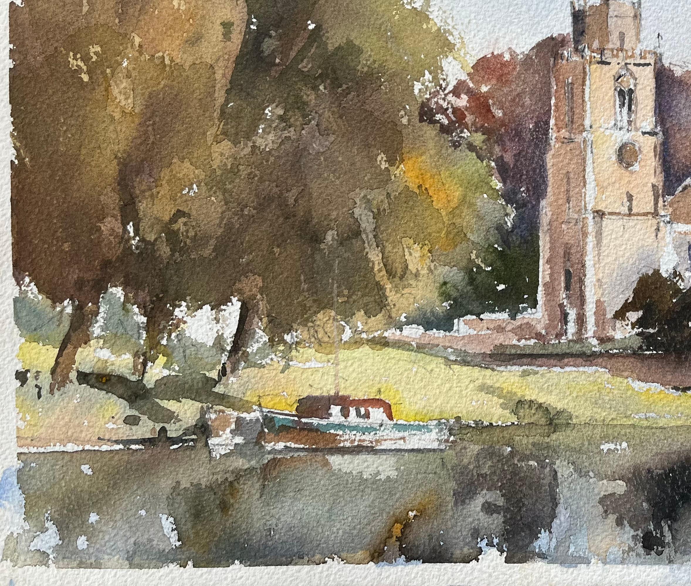 Titel: Aquarell eines britischen Impressionisten mit einer Szene in einer Flusskirche
Von Anthony Avery (Brite 1946-2023)
Original-Aquarell auf Künstlerpapier, ungerahmt
Unterschrieben: Ja
Abmessungen: 11 x 15 Zoll (Höhe x Breite)
Zustand: Gut, mit