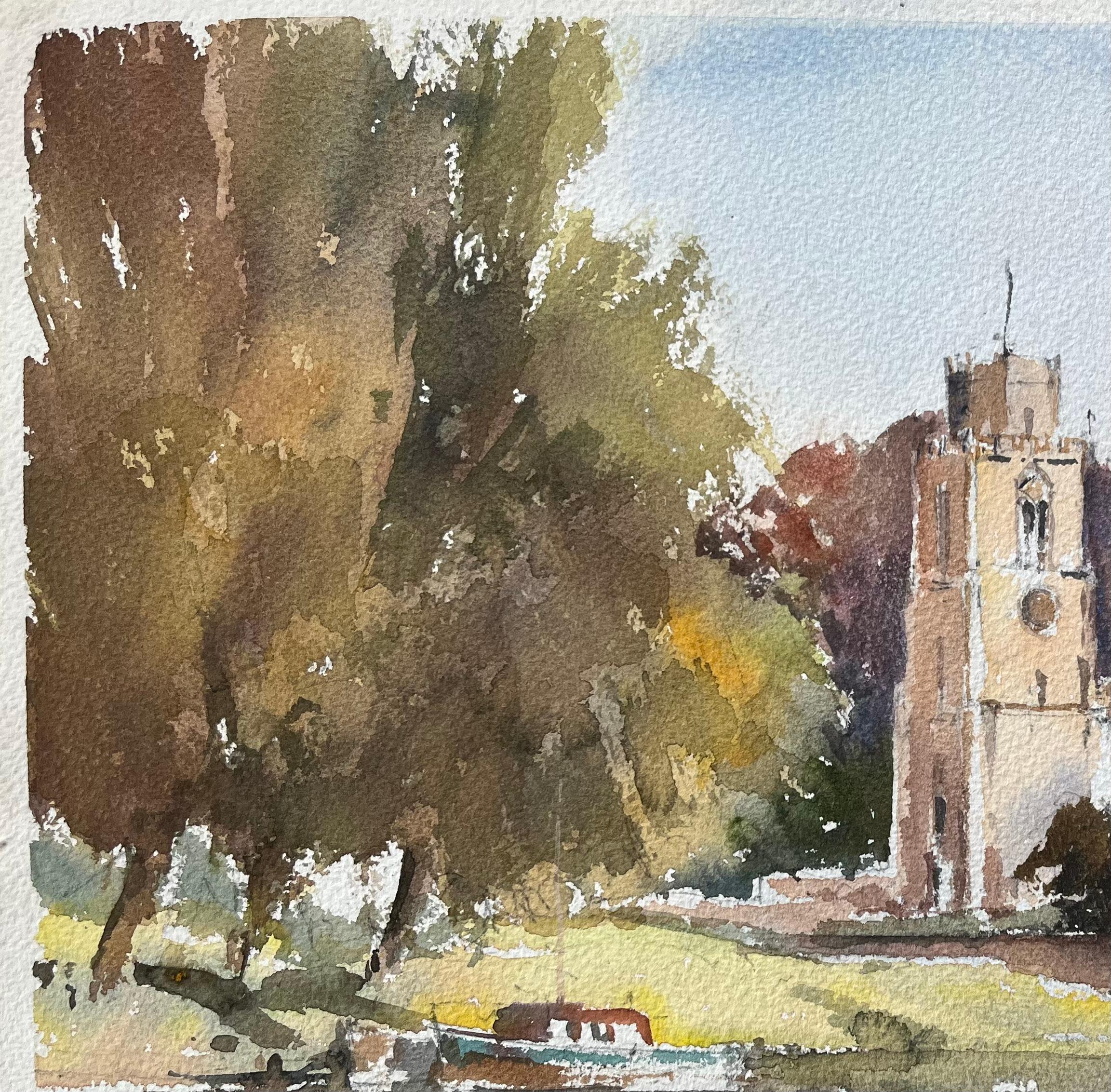 Britischer Impressionist Aquarell einer Flussufer-Kirche Szene im Angebot 1