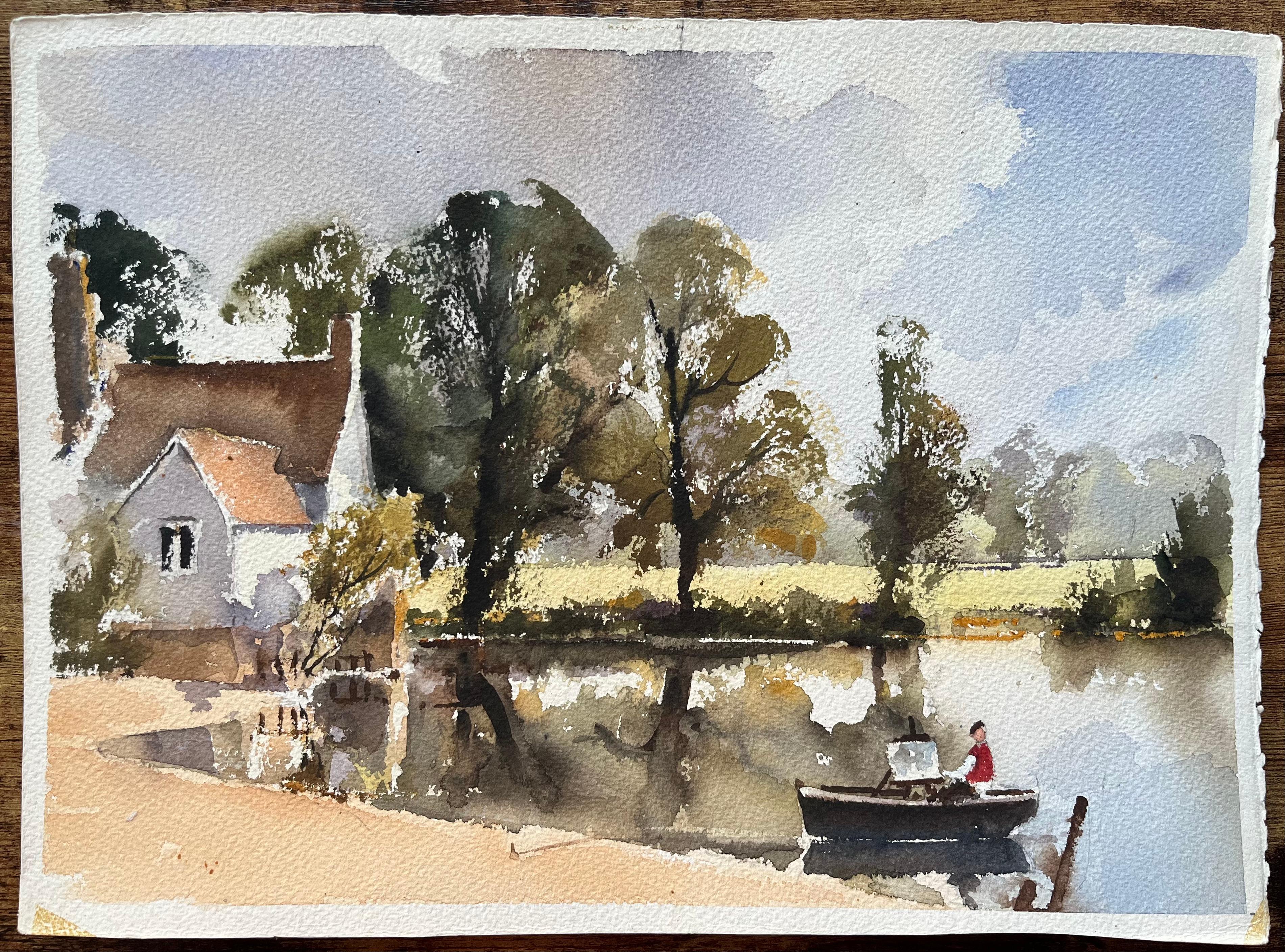 Acuarela impresionista británica de una cabaña junto al río y un artista en una barca - Painting de Anthony Avery