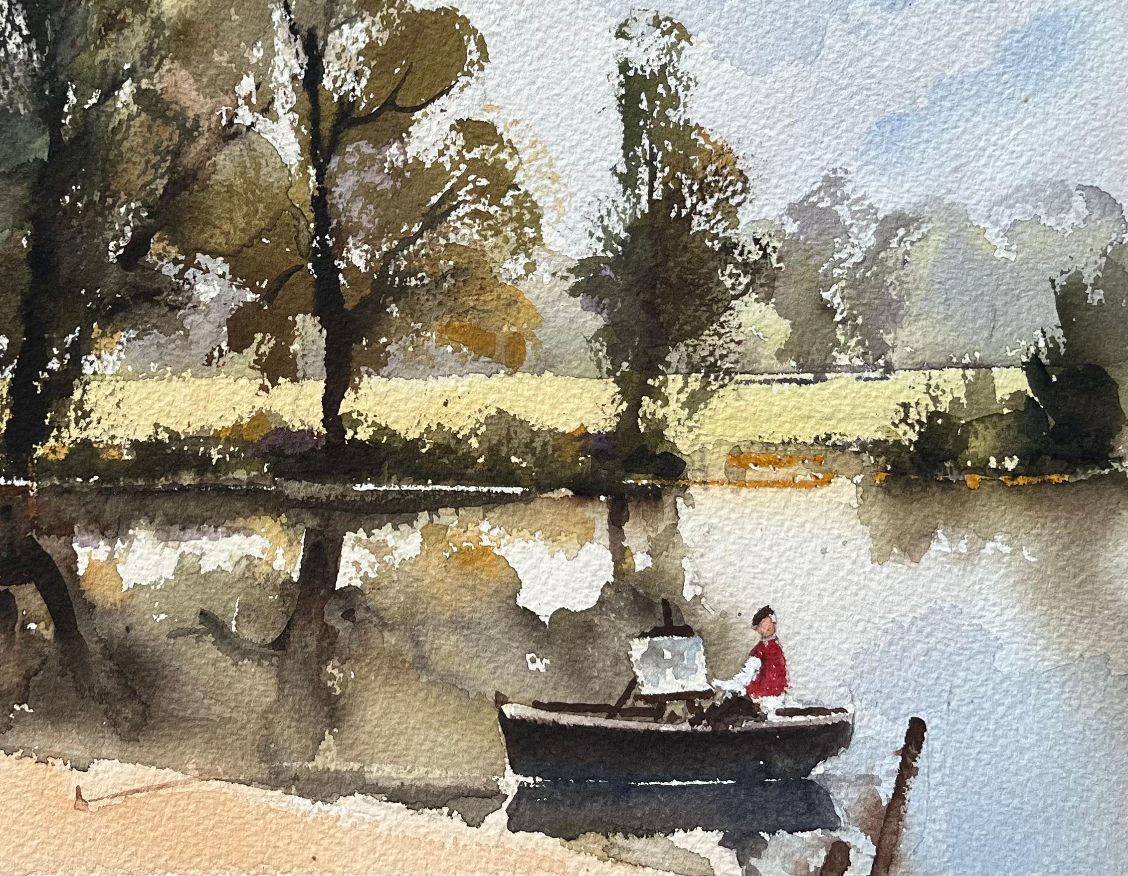 Acuarela impresionista británica de una cabaña junto al río y un artista en una barca - Painting Impresionista de Anthony Avery