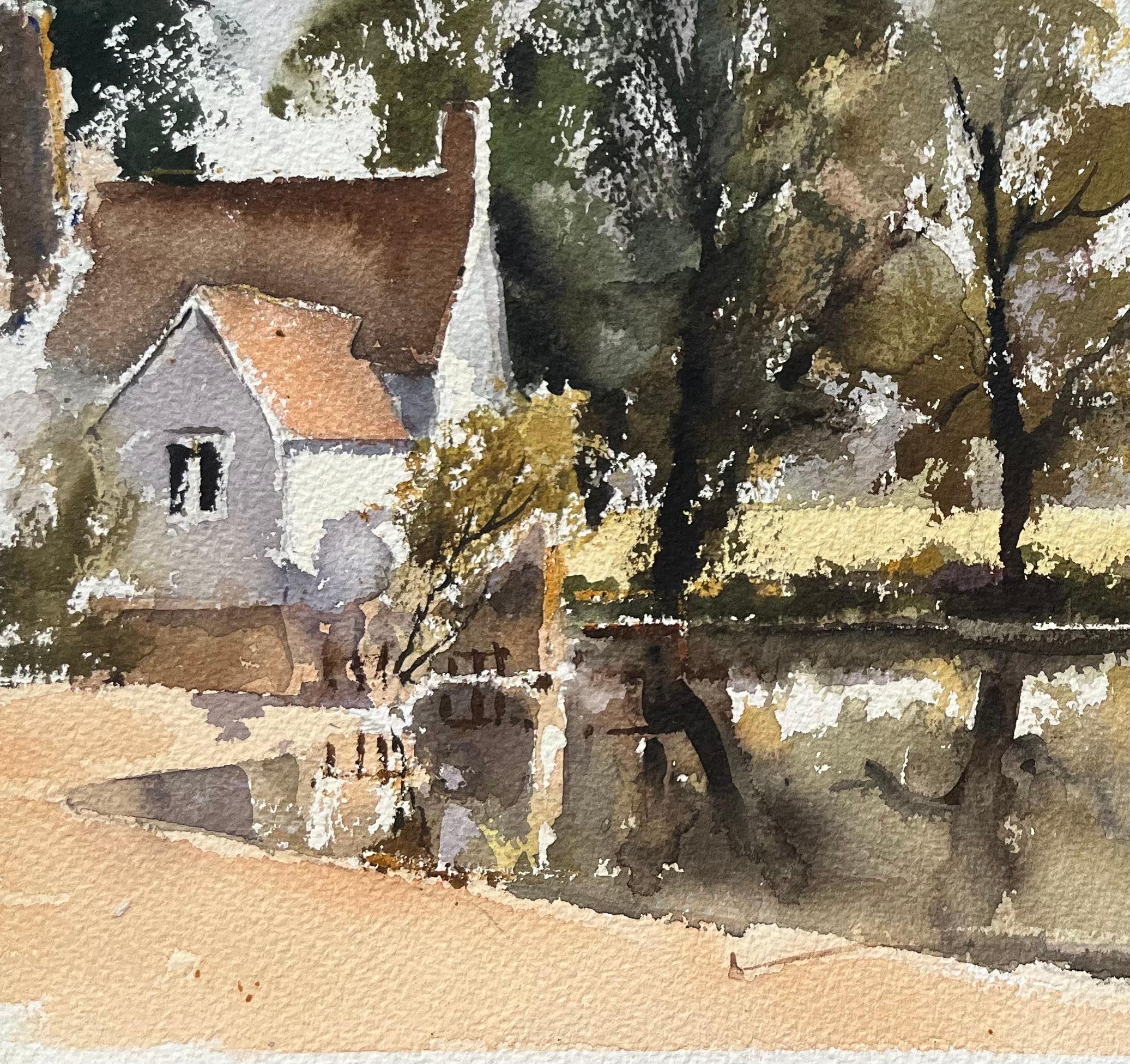Título: Acuarela impresionista británica de una cabaña junto al río y un artista en una barca
Por Anthony Avery (británico 1946-2023)
Acuarela original sobre papel de artista, sin enmarcar
Dimensiones: 11 x 15,25 pulgadas (Alto x Ancho)
Estado: